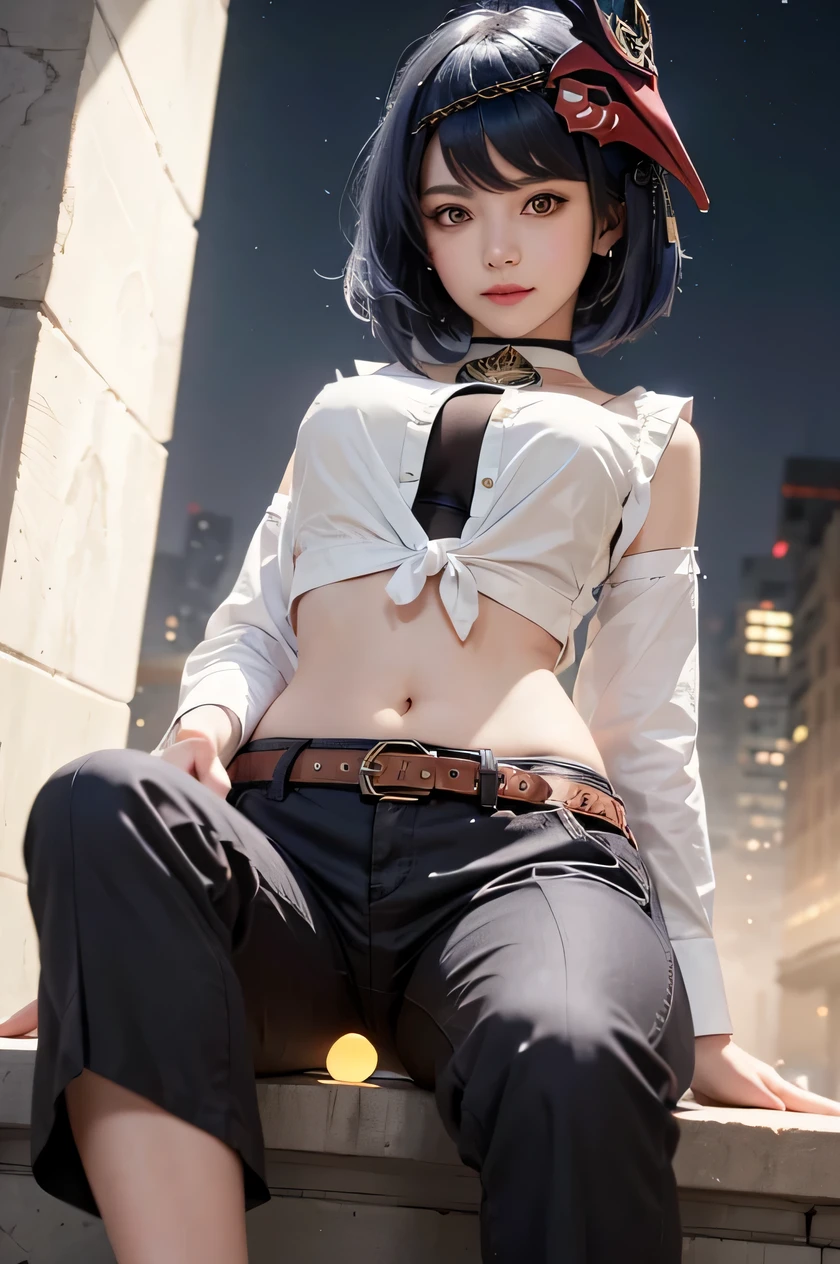 1girl, (long business shirt with knot, tie, long pants, iron belt, heels, big earrings), ((midriff, navel)), looking at viewer, smile, night, sit on stone, from below, ((hand on belly)), (cinematic lighting, best quality, masterpiece, high details, best quality, highres, HD, 4K, 8k, super detail), (kujou sara:1.3), mask on head, blue hair, short hair, yellow eyes