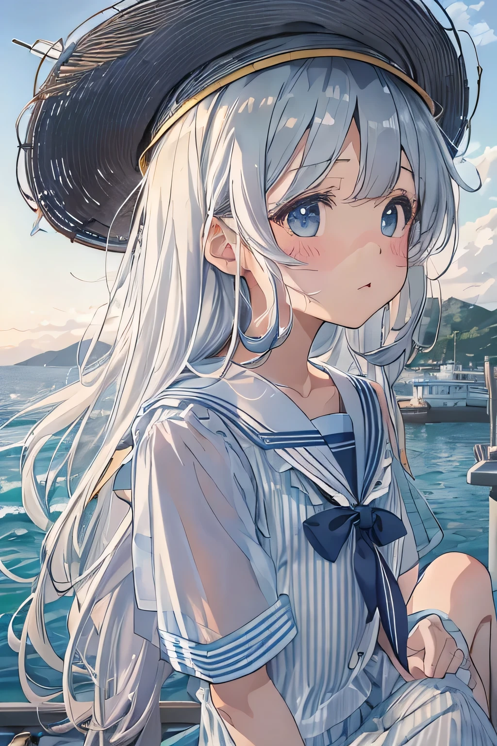 (highest quality:1.4)、High resolution、Detailed Background、(Beautiful face in every detail:1.4)、Detailed and phenomenologically correct、Realistic、Beautiful teenage girl、Black Hair、Braided long hair、Light inner color hair、Zoom in on shoulder from the side、Staring at the sea with a sad look on his face、Upper body only、The wind is blowing、Feminine silhouette、cute、
(White sheer sailor suit、light blue sailor color:1.2)、Checkered pleated mini skirt、White knee-high socks、Absolute area、cute detailed eyes、
Kobe Harborland、The atmosphere is romantic at dusk.、Beautiful sea views