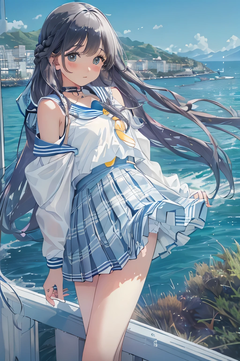 top-quality、masutepiece、1womanl、独奏、20yr old,(abstract art.Psychedelia Theme:1.4),Happy smile、closes mouth、Brown Single Blade、(White sailor suit lift:1.5)、Colossal tits,(Light Blue Bra:1.3),Black Knee High Socks、plaid skirts、Blushing、(Deep Blue Eyes:1.4)、early evening、Lots of countryside、Big sunset、Small necklace、Into the cloud、(Upper body:1.1)