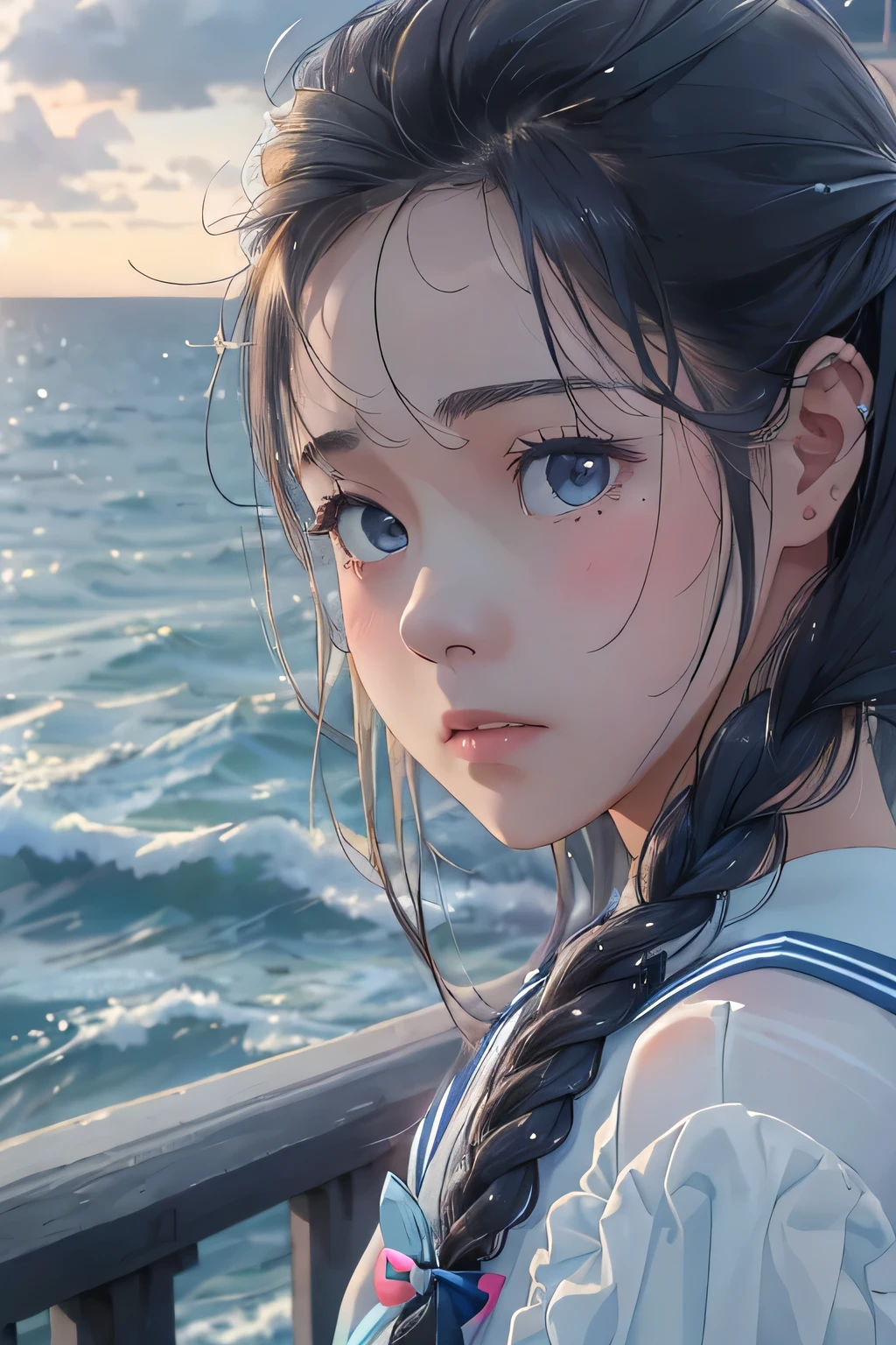 (highest quality:1.4)、High resolution、Detailed Background、(Beautiful face in every detail:1.4)、Detailed and phenomenologically correct、Realistic、Beautiful teenage girl、Black Hair、Braided long hair、Light inner color hair、Zoom in on shoulder from the side、Staring at the sea with a sad look on his face、Upper body only、The wind is blowing、Feminine silhouette、cute、
(White sheer sailor suit、light blue sailor color:1.2)、Checkered pleated mini skirt、White knee-high socks、Absolute area、cute detailed eyes、
Kobe Harborland、The atmosphere is romantic at dusk.、Beautiful sea views