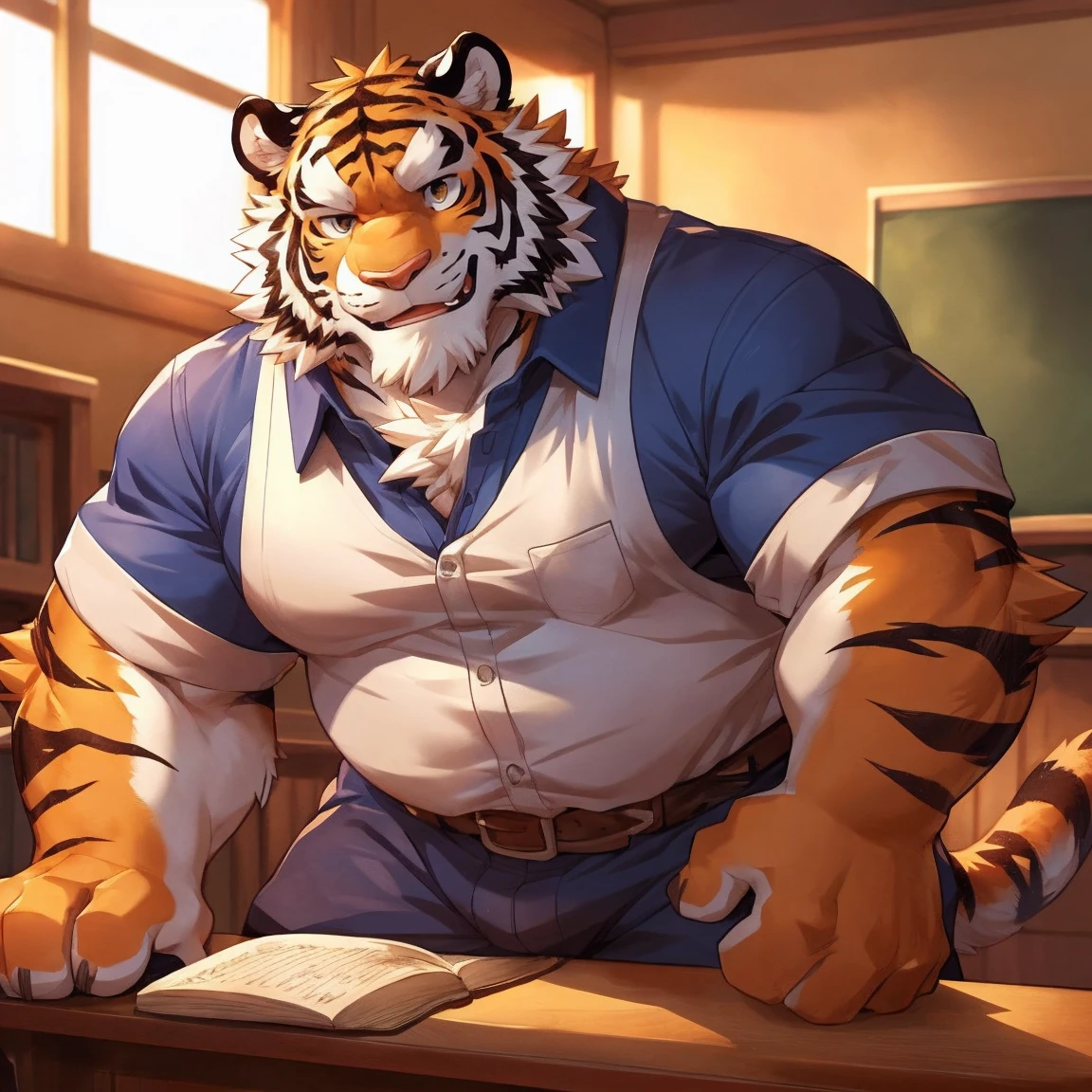 human nature, cannon, male, Solitary, ((Round Face, Very plump face, thick beard)), ((endomorph body type, Handsome)), (Peasant Shirt), ((domestic tiger, tiger) Fluffy fur, Fluffy), (in the classroom), teacher,Retro,Bokeh, (high quality, high resolution, masterpiece), (Dynamic Lighting, Vibrant colors), (Generous smile), (Face focus), Front view (close up), cartoon, author:Takemoto Arashi, by zixiong, by Chun Ni, author:Empty Ghost