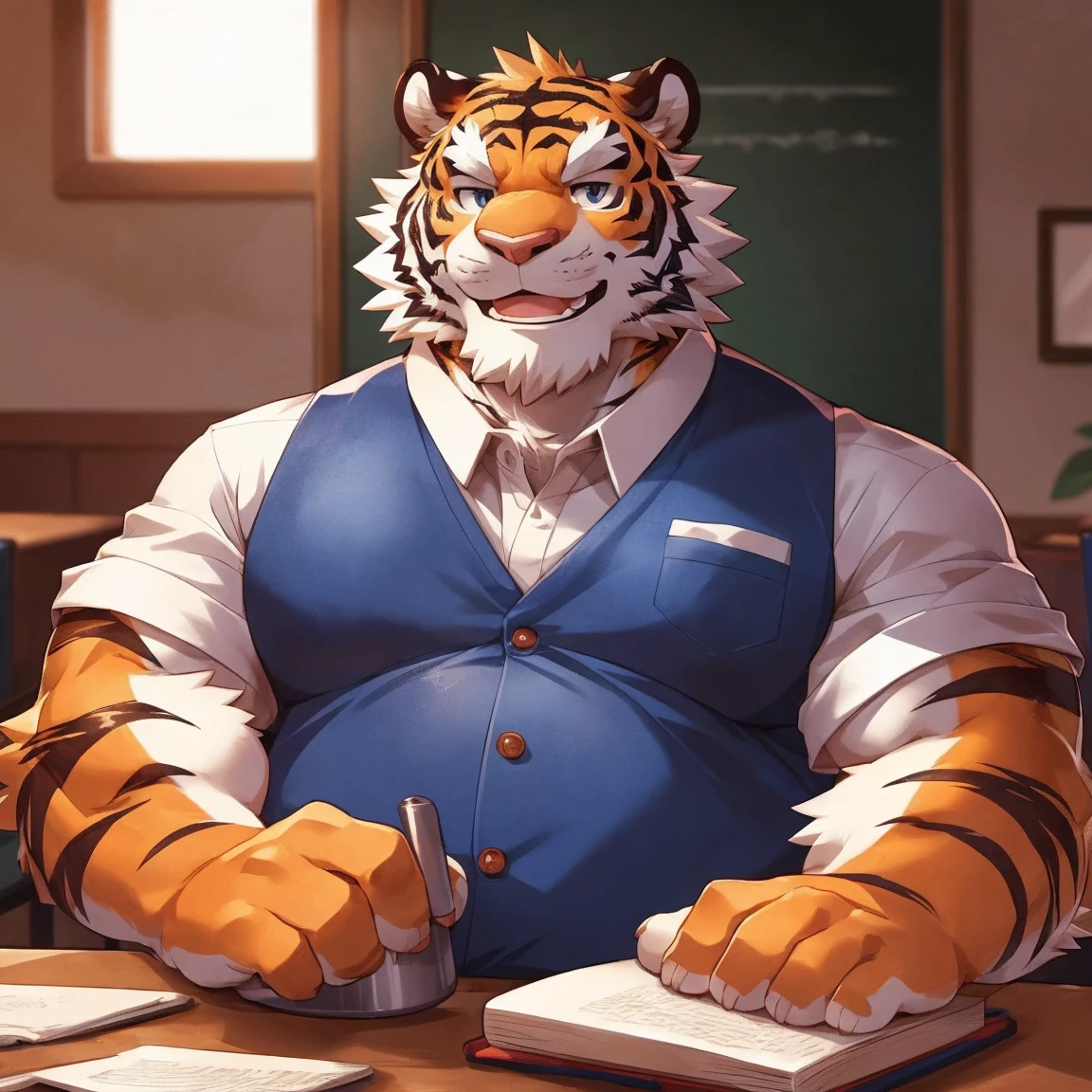 human nature, cannon, male, Solitary, ((Round Face, Very plump face, thick beard)), ((endomorph body type, Handsome)), (Peasant Shirt), ((domestic tiger, tiger) Fluffy fur, Fluffy), (in the classroom), teacher,Retro,Bokeh, (high quality, high resolution, masterpiece), (Dynamic Lighting, Vibrant colors), (Generous smile), (Face focus), Front view (close up), cartoon, author:Takemoto Arashi, by zixiong, by Chun Ni, author:Empty Ghost