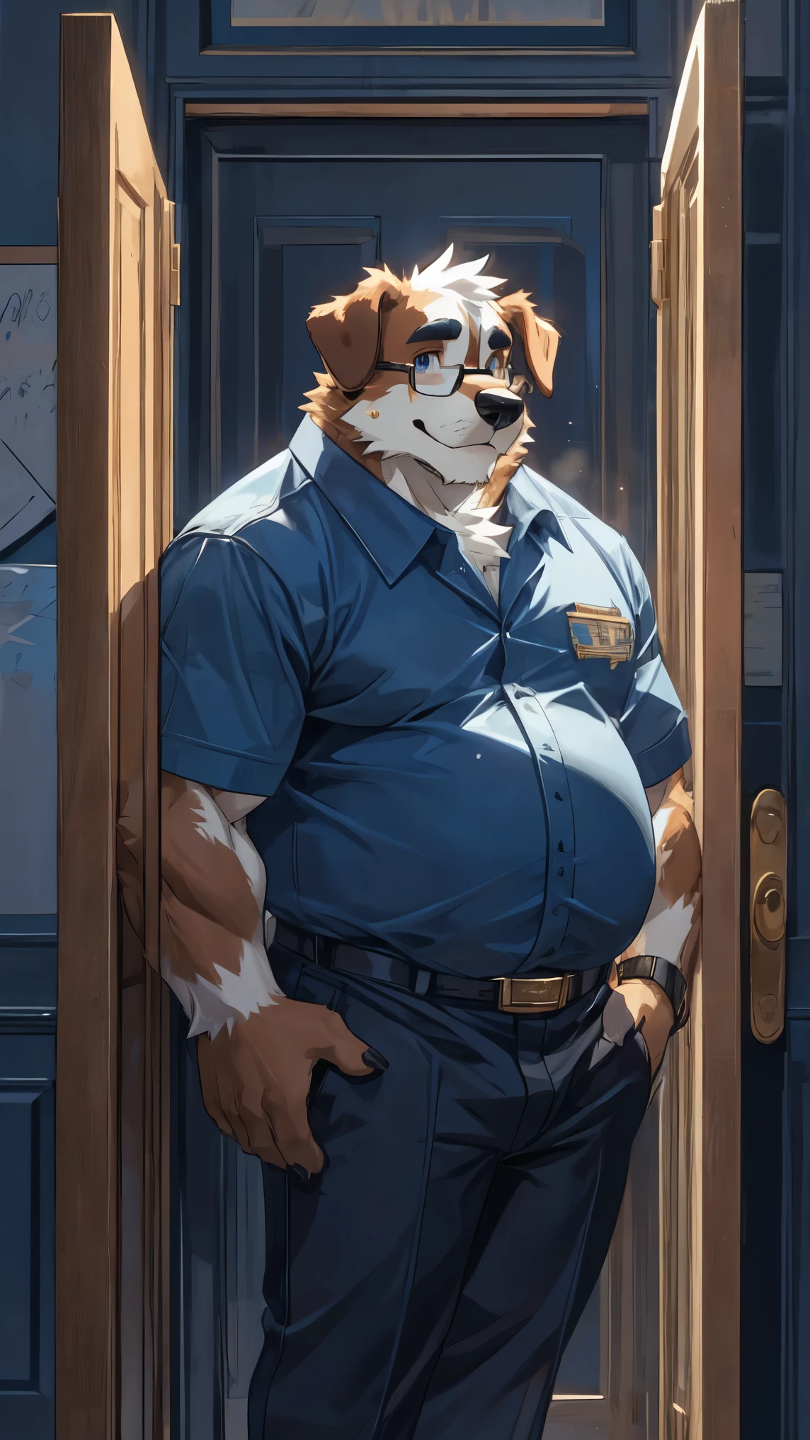 Dogs are fluffy，personal，middle aged，St. Bernard，adult，big，strong，Slightly fat，muscle，teacher，outdoor，Sweat，Wet short sleeves，stand at the door，Smile，Anime style，Blue Theme，Green Plants，Looking at you，Glasses(black frame，Gold Texture)，Body(0.5)