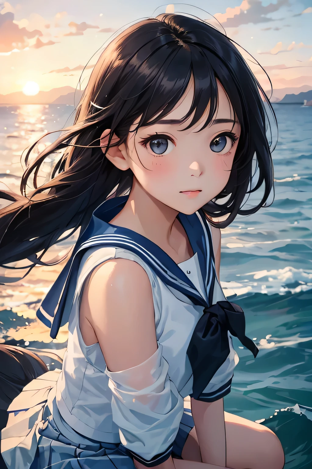 (highest quality:1.4)、High resolution、Detailed Background、(Beautiful face in every detail:1.4)、Detailed and phenomenologically correct、Realistic、Beautiful teenage girl、Black Hair、Braided long hair、Light inner color hair、Zoom in on shoulder from the side、Staring at the sea with a sad look on his face、Upper body only、The wind is blowing、Feminine silhouette、cute、
(White sheer sailor suit、light blue sailor color:1.2)、Checkered pleated mini skirt、White knee-high socks、Absolute area、cute detailed eyes、
Kobe Harborland、The atmosphere is romantic at dusk.、Beautiful sea views