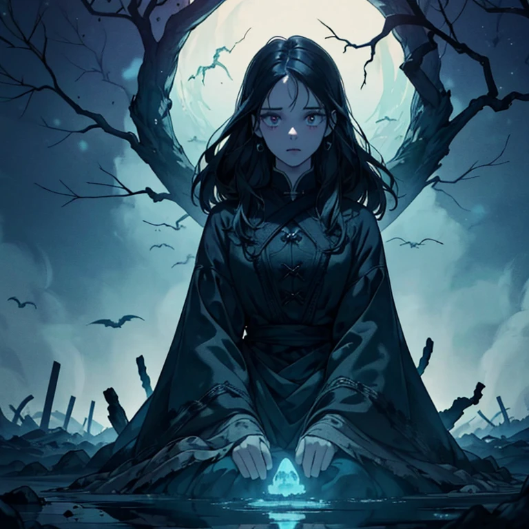 (Oak:1.5),(Devil's Theme:1.5),(dark horror theme:1.5),(Thriller:1.5),(Inspiration from Stephen King:1.5),(Dark fantasy:1.5), (Ink and watercolor:1.5), (black and white color:1.5), (Ominous landscapes:1.5),(A multitude of stars fly towards the viewer:1.5),(Ruined:1.5),(Ruined village:1.5),(1800s:1.5), (Ruined theme:1.5),(A lot of dust flies:1.5),(puddle:1.5),(Dirt roads:1.5),(Absurd:1.5),(wonderful:1.5),(highest quality:1.5),(masterpiece:1.5),,Pretty face,full body shot,Super big ,Ominous landscape,Fluorite Chrysocolla Atmosphere,art:Simon Stahlenhag,Nicola Samori,Wangechi Mutu,prime color,Very detailed,masterpiece,Intricate details,Faded,eyes Very detailed, Eye for detail,4K resolution,born, Nikon Z9,Scary Town,young woman,whole body length,evil ghost, Rainbow-colored,Intricate details,Stone Forest, Yunnan, China,Very detailedな,Dark and spooky atmosphere, Spiritual Being, Hauntingly beautiful, ghost-like figure, Swirling Mist, Supernatural existence, The devil's essence, Shadow-like shape, Spooky whispers, Ominous Aura, Unforgettably white skin, Dark and twisted branches, Flickering candle light, Spooky elements, Mysterious and enigmatic, spectrum appearance, ゴシックartスタイル, Fascinating, Spectral range, Hauntingly depressing, Otherworldly beauty, Mysterious glow, So unforgettable that I can't forget it, A chilling atmosphere, Spooky and ominous lighting.Sabbath,lots of women,magic circle