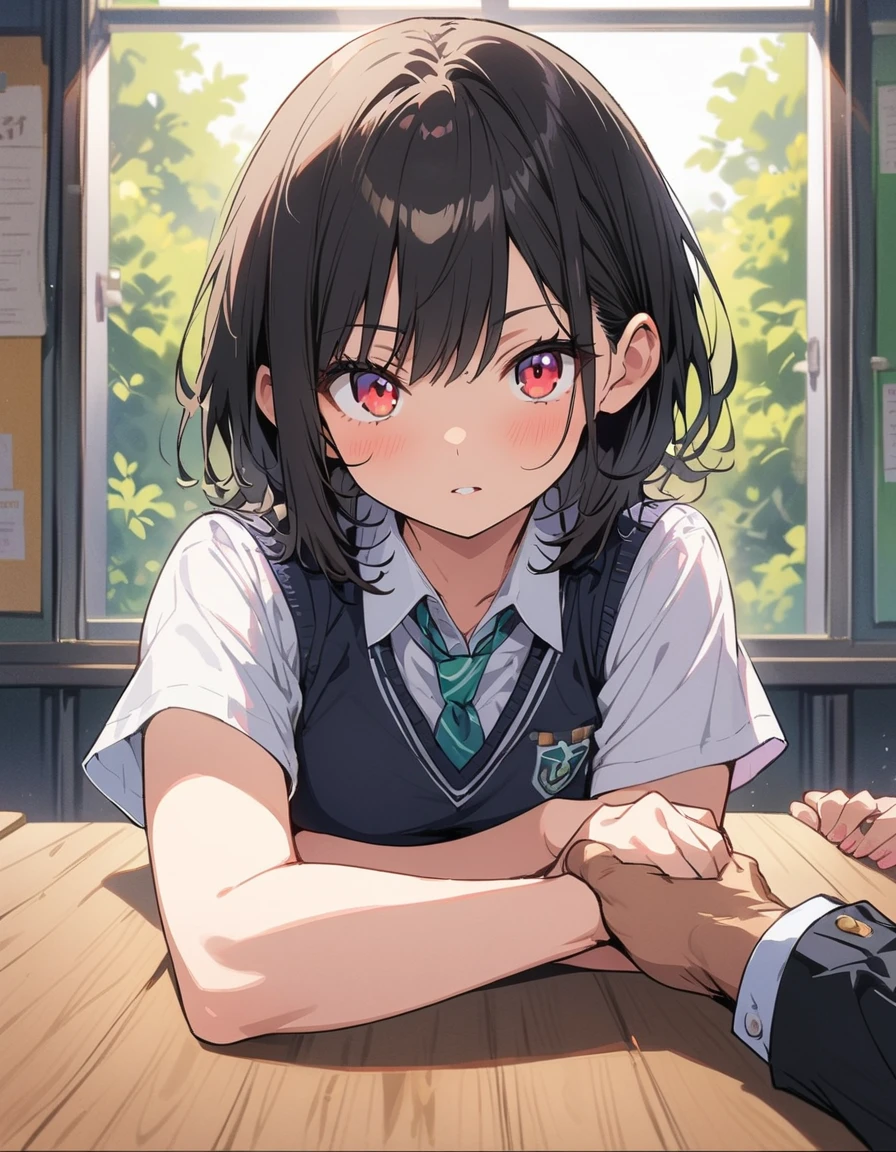 1 girl、(Black Hair、short hair:1.2)、(high school student、uniform)、(Playing arm wrestling:1.6)、brave look、School classroom、(highest quality、masterpiece、High resolution、detailed)animeスタイル、flat style、(Shining Eyes、detailed美しい顔), BREAK,anime