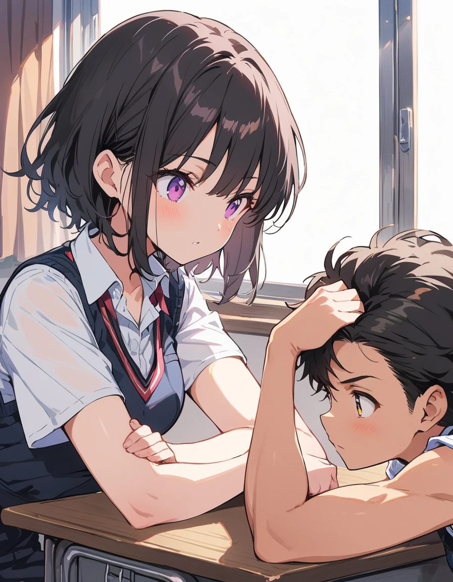 1 girl、(Black Hair、short hair:1.2)、(high school student、uniform)、(Playing arm wrestling:1.6)、brave look、School classroom、(highest quality、masterpiece、High resolution、detailed)animeスタイル、flat style、(Shining Eyes、detailed美しい顔),  BREAK,anime