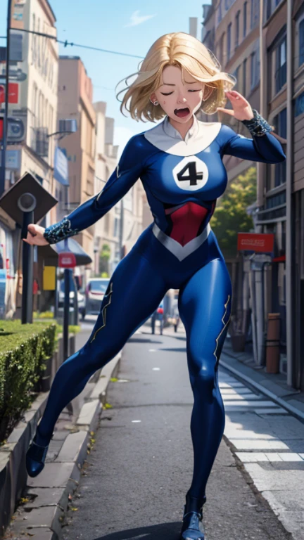 (Highly quality, masterpiece, detailed), city detailed scenario, city detailed background, (x shaped pasting stand), (hands up, spread hands, in stocks pose:0.75), 1girl, Susan Storm, blue eyes, blonde hair, full body blue bodysuit, sleeves, perfect face, big breasts, number '4' logo on chest, (shut closed eyes, tears:1.1), sighing