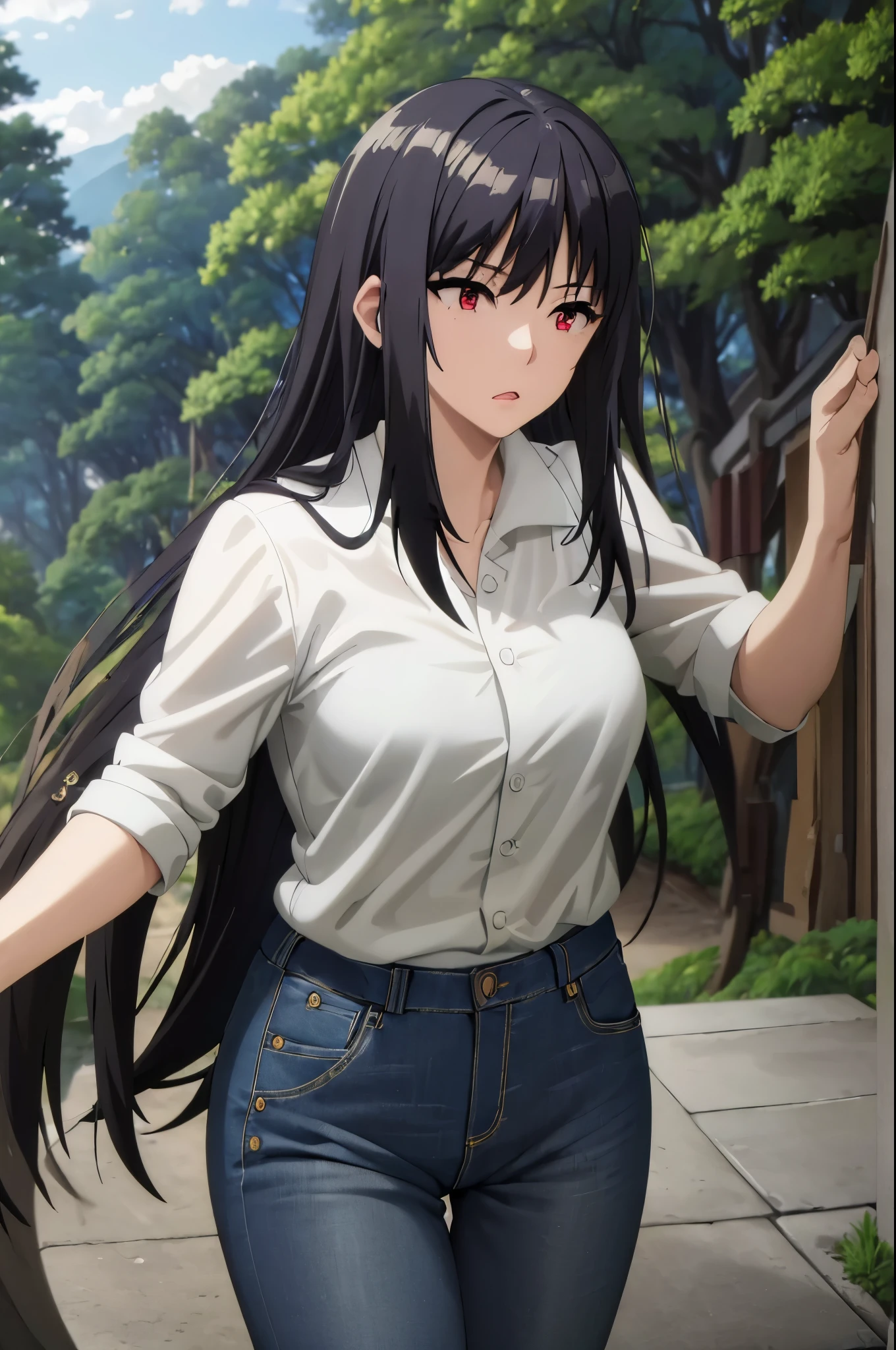 ((masterpiece, best quality, high quality, highres)),
outdoors, forest, 
white shirt, jeans
claire,  