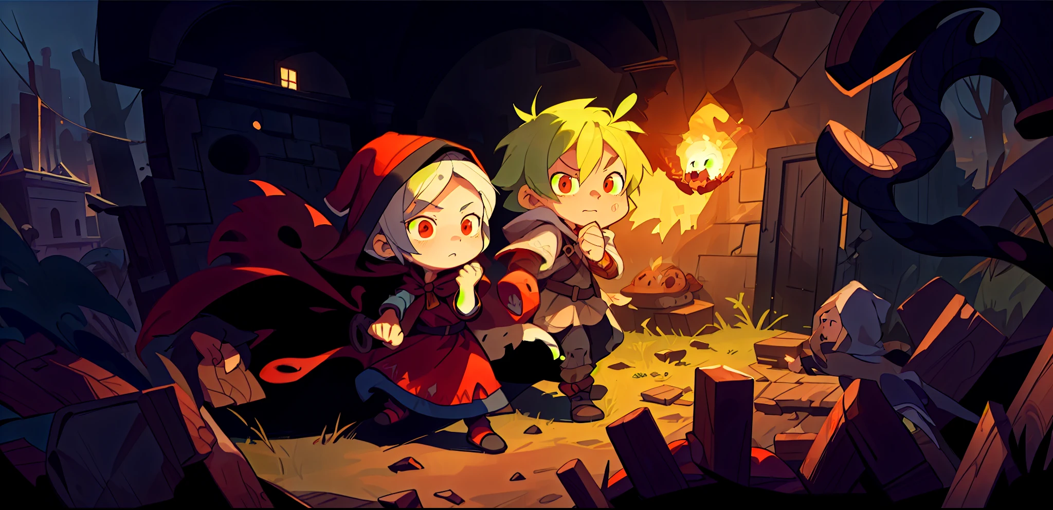 Cartoon illustration of a couple standing in a dark room, thief little red riding hood, side scrolling game, 2D game fanart, Epic legend game icon, Koriolios RPG art style, Dusk Ruins Explorer, Mage fighting ghouls, ayan nag, Dim Lights, Hansel and Gretel, Epic RPG, Game Cover, combat chaser