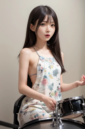 best quality, detailed, beautiful, insanely detailed, absurdres,perfect anatomy, Japanese woman,black hair,27 years old, (slender), (small breasts),Rock live, (Japanese woman playing drums:1.2), excited, frontal shot
