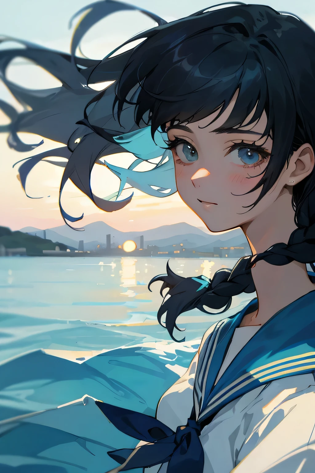 (highest quality:1.4)、High resolution、Detailed Background、(Beautiful face in every detail:1.4)、Detailed and phenomenologically correct、Realistic、Beautiful  girl、Black Hair、Braided long hair、Light inner color hair、Zoom in on shoulder from the side、Staring at the sea with a sad look on his face、Upper body only、The wind is blowing、Feminine silhouette、cute、

(White sheer sailor suit、light blue sailor color:1.2)、Checkered pleated mini skirt、White knee-high socks、Absolute area、cute detailed eyes、

Kobe Harborland、The atmosphere is romantic at dusk.、Beautiful sea views
