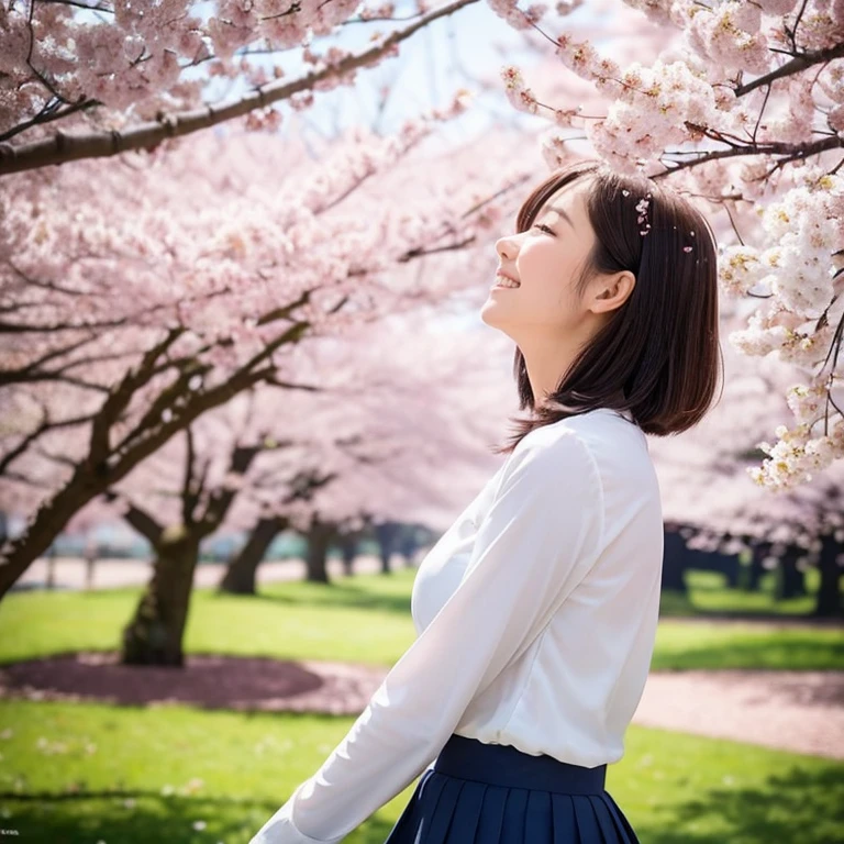 A profile view of a beautiful Japanese teenage girl wearing a white long-sleeved blouse and navy blue skirt, the  designated by her Japanese high school, and looking up at the cherry blossoms in full bloom with a lonely smile on her face. Focal length 100mmf/2.8, spring evening, sunny, sunlight filtering through the trees, gentle wind, cherry blossom petals dancing around, well-shaped face, short hair, toned body, low angle, close-up of eyes, sense of presence, 8K image quality, highest quality.