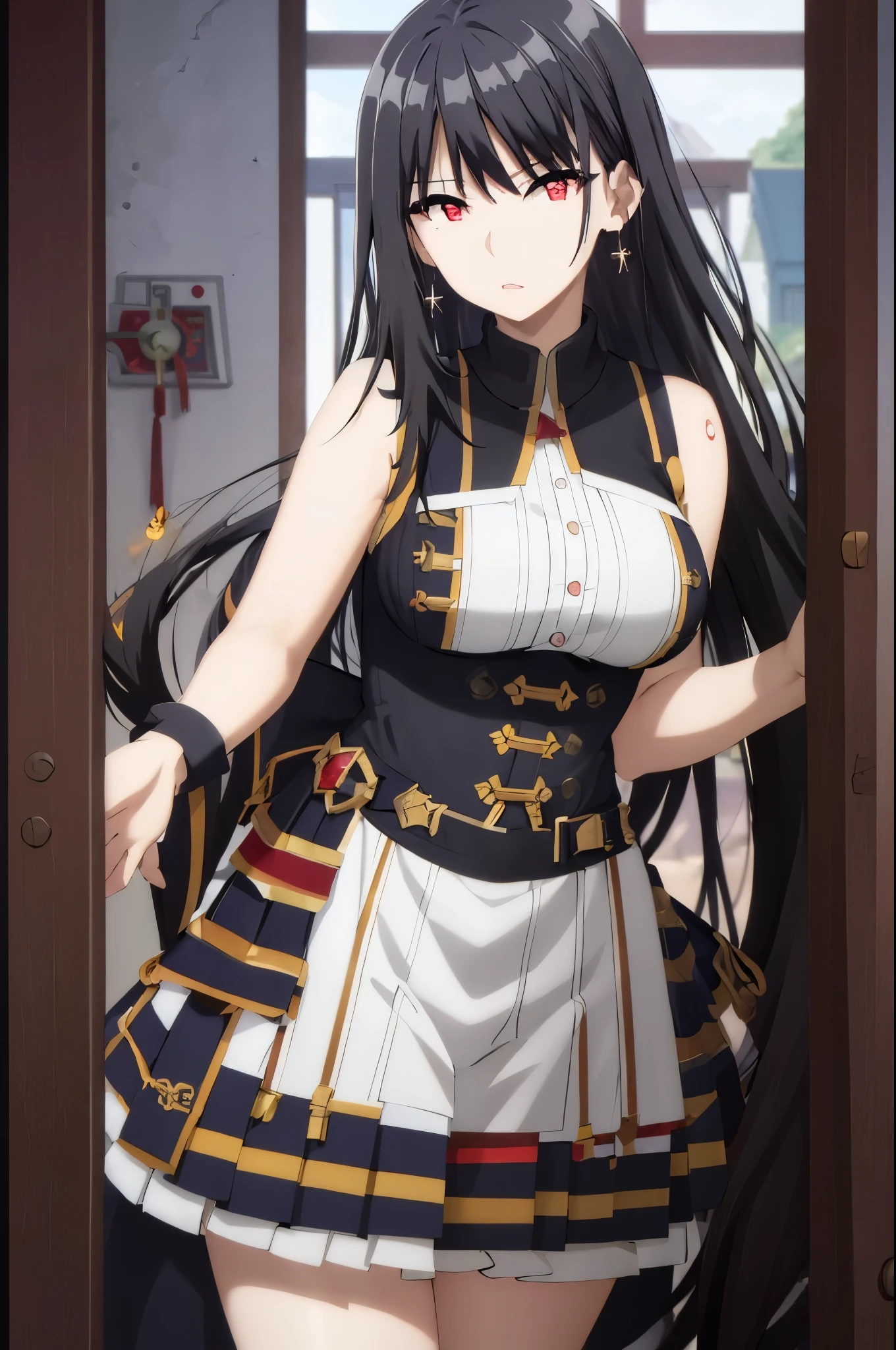 ((masterpiece, best quality, high quality, highres)),1girl,black hair,red eyes,medium breast,narrow waist