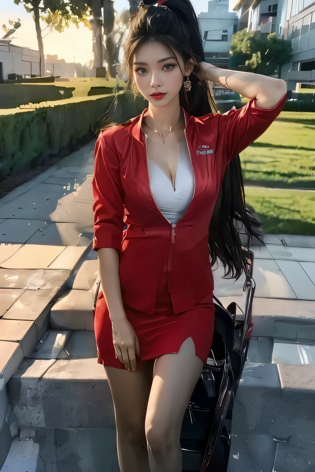 Earrings、Young Asian Woman、blue eyes、Captivating look、neck naturally、Ponytail Hair