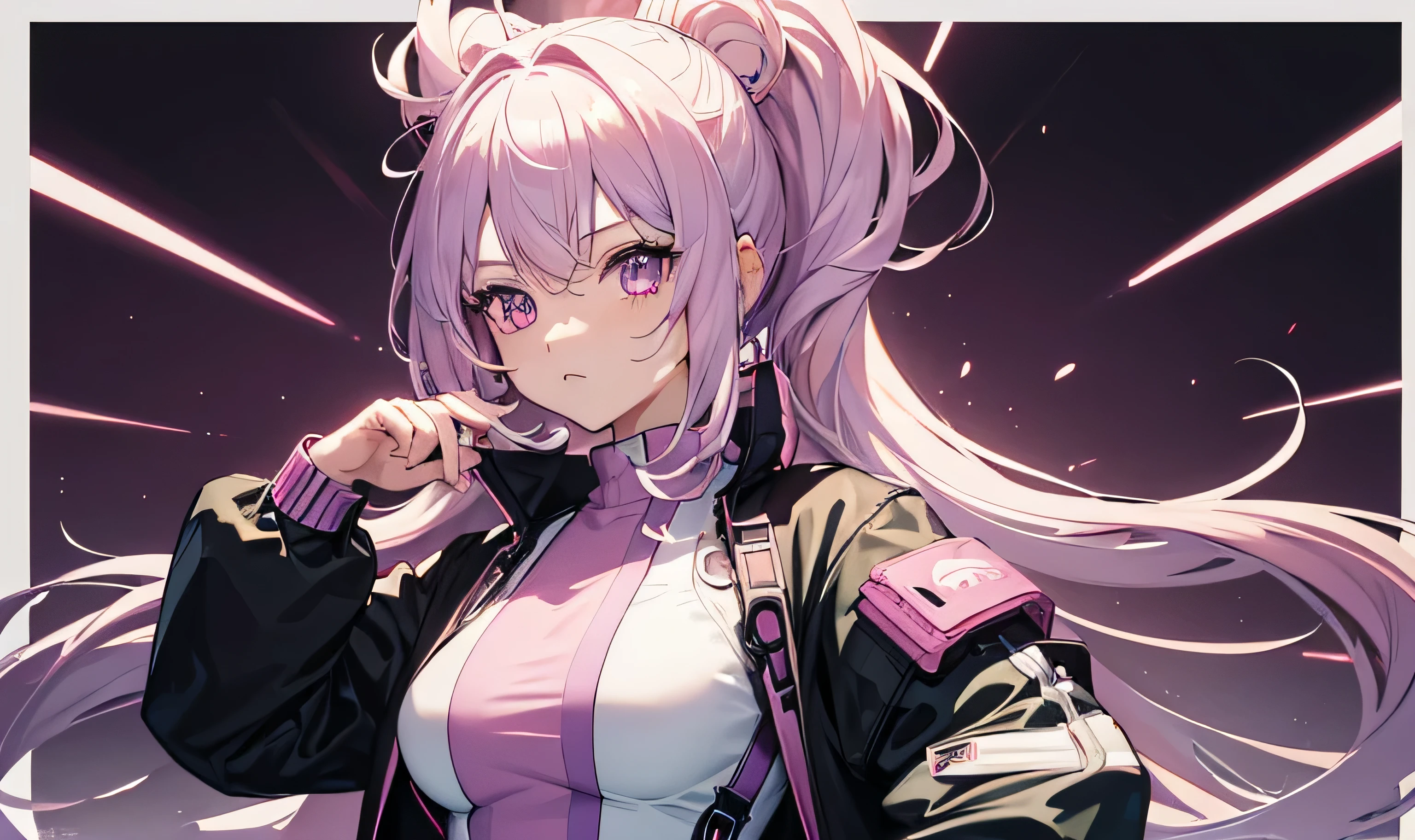 masterpiece, Best image quality, Extremely vivid, Anime girl with curly ponytail, digit,Pink functional coat, small, Blue-purple gradient thin-framed eyes, cyberpunk, white hair, Wearing pink suspenders, Sexy, upper body, breasts, Natural casual style, dynamic posture, golden section, Large aperture portrait, Cool colors, Strong visual impact, blank, Light and shadow contrast, Super texture, Super detailed textures, sunset, Super clear pictures, medium long shot, pure white background, simple pictures