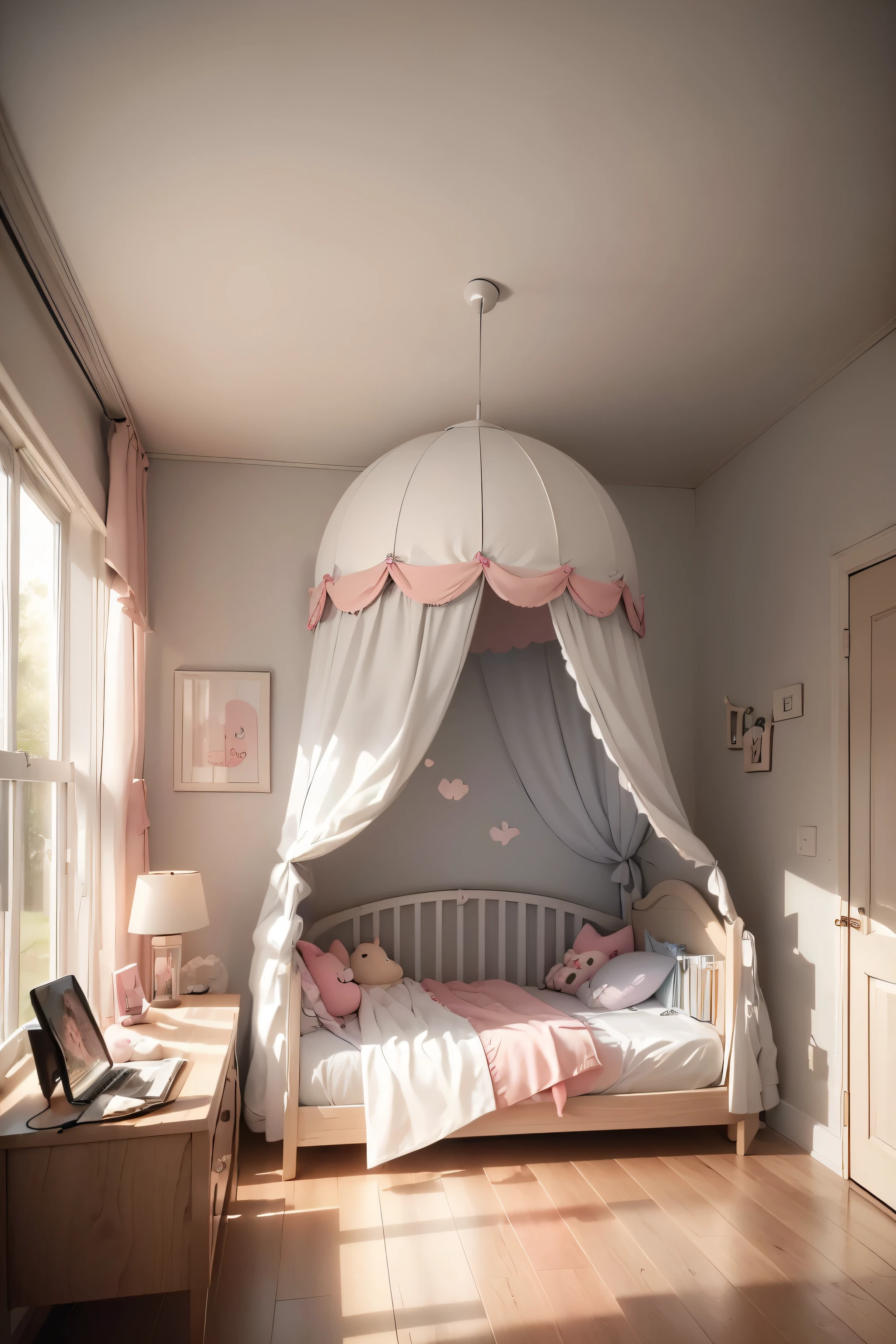 ((Best quality, 8k, Masterpiece :1.3)),Draw a room for a 6--old l with a theme centered around Kuromi and Hello Kitty characters. The main colors should be white and pink. The room should include a window, a bed, and a study desk. The style should be neo-classical. Install LED lights on the ceiling. Keep the ceiling flat and white. Use wallpaper to cover the walls. Place Kuromi plush toys on the bed and under the desk. Create a princess tent corner with a white light positioned near the study desk. Include a plush toy inside the tent.