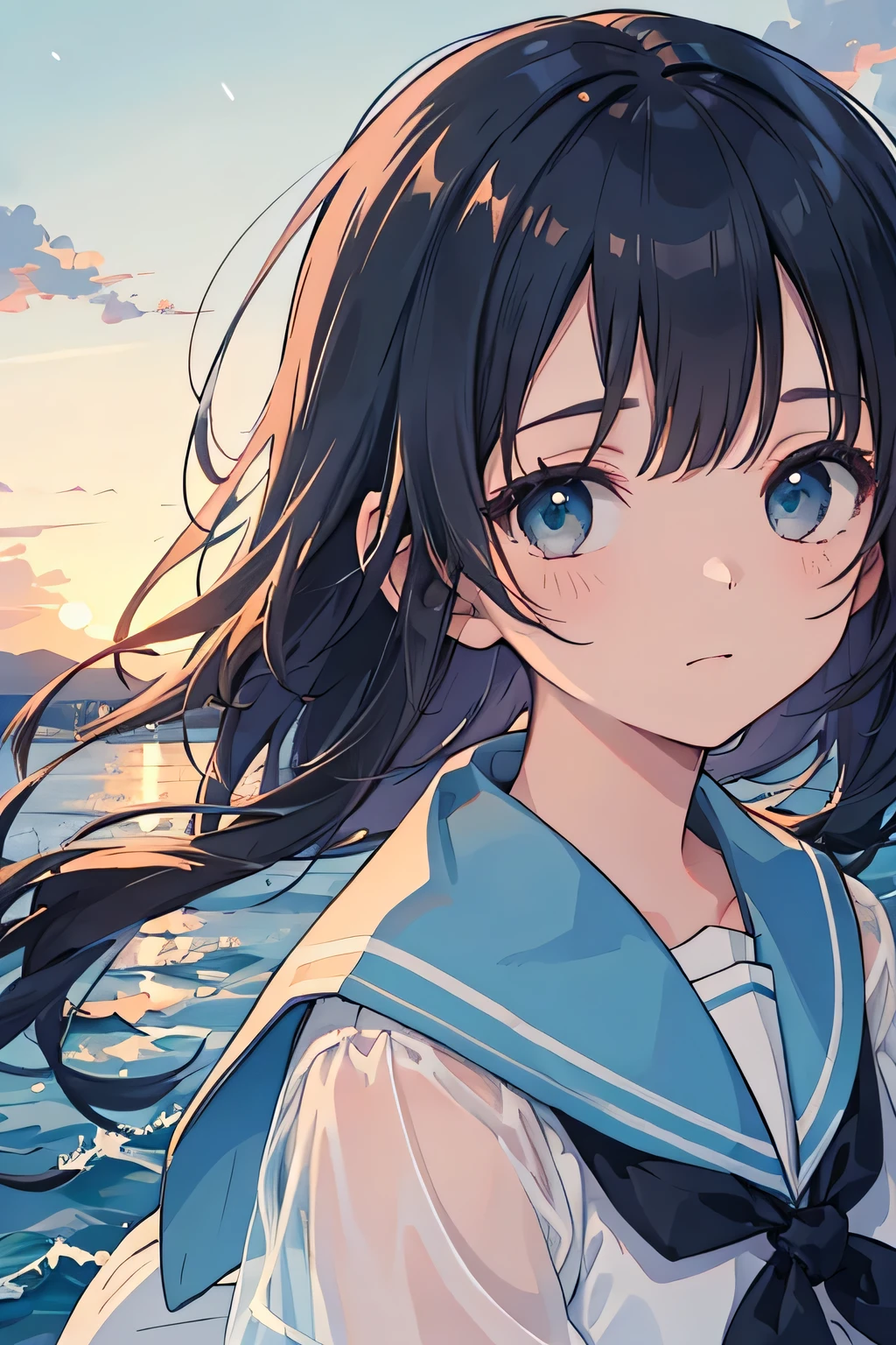 (highest quality:1.4)、High resolution、Detailed Background、(Beautiful face in every detail:1.4)、Detailed and phenomenologically correct、Realistic、Beautiful teenage girl、Black Hair、Braided long hair、Light inner color hair、Zoom in on shoulder from the side、Staring at the sea with a sad look on his face、Upper body only、The wind is blowing、Feminine silhouette、cute、
(White sheer sailor suit、light blue sailor color:1.2)、Checkered pleated mini skirt、White knee-high socks、Absolute area、cute detailed eyes、
Kobe Harborland、The atmosphere is romantic at dusk.、Beautiful sea views