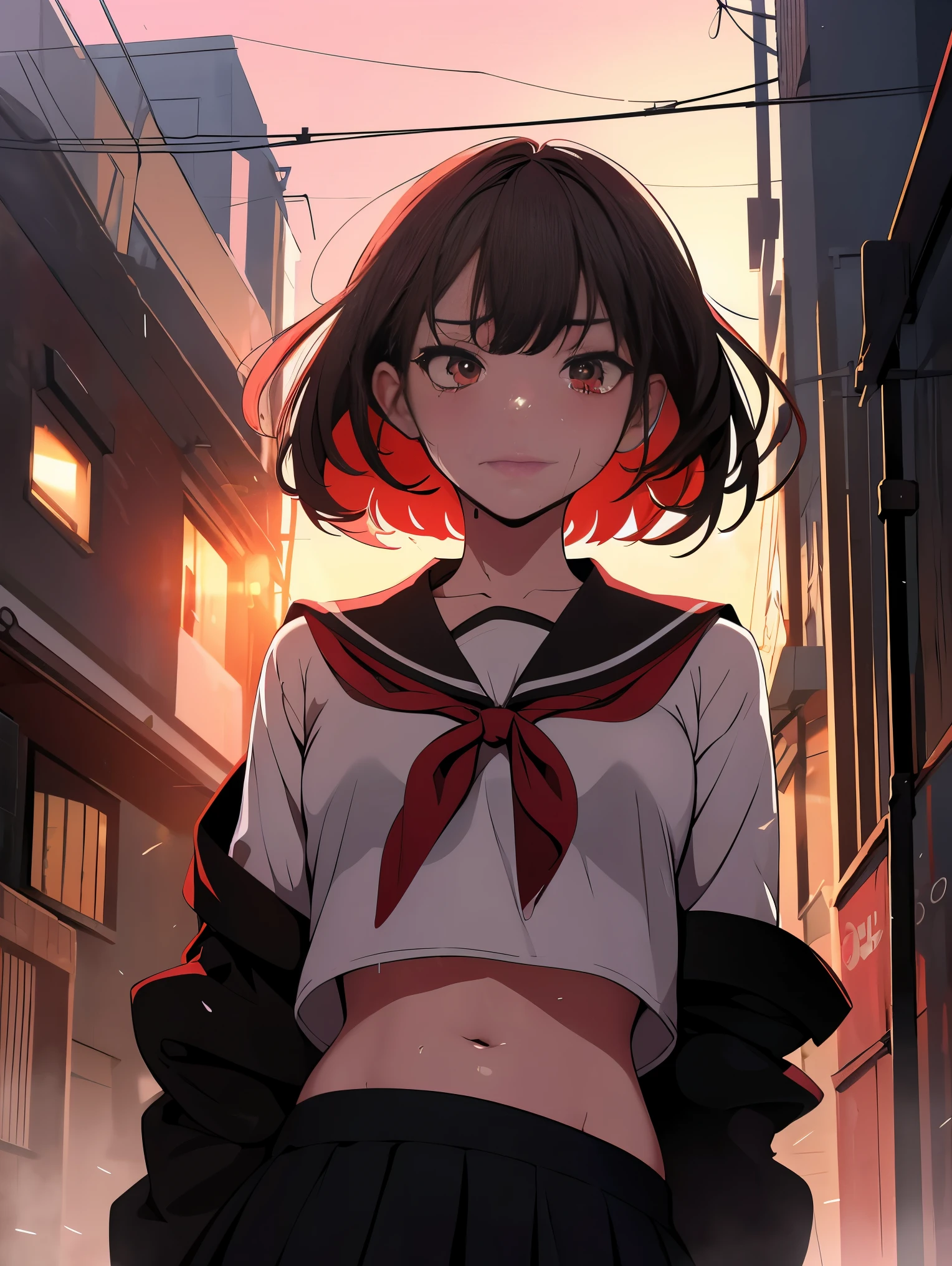 masterpiece, best quality, looking at viewer, facing viewer, bare legs, 1girl, solo, upper body, bow, serafuku, disgusted face, night time, heavy rain, outdoors, city, crop top, navel, wet clothes, drenched, overly long sleeves, hands in sleeves, blood tears, blood marks, dark alleyway, blood splattered on the ground, red bright light, glowing eyes, depth of field,holding a knife,red sky, atmofer,perfect hands