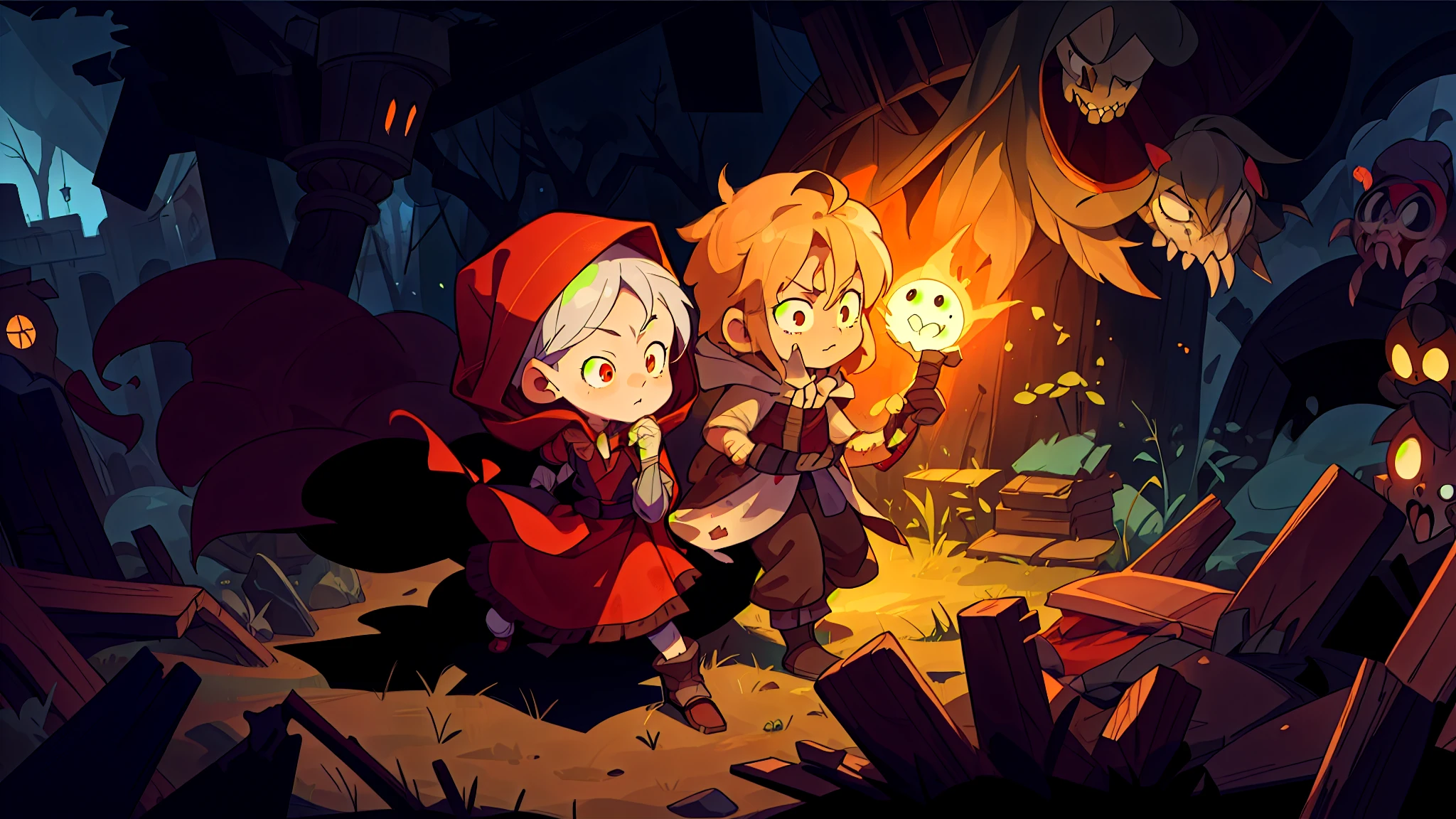 Cartoon illustration of a couple standing in a dark room, thief little red riding hood, side scrolling game, 2D game fanart, Epic legend game icon, Koriolios RPG art style, Dusk Ruins Explorer, Mage fighting ghouls, ayan nag, Dim Lights, Hansel and Gretel, Epic RPG, Game Cover, combat chaser