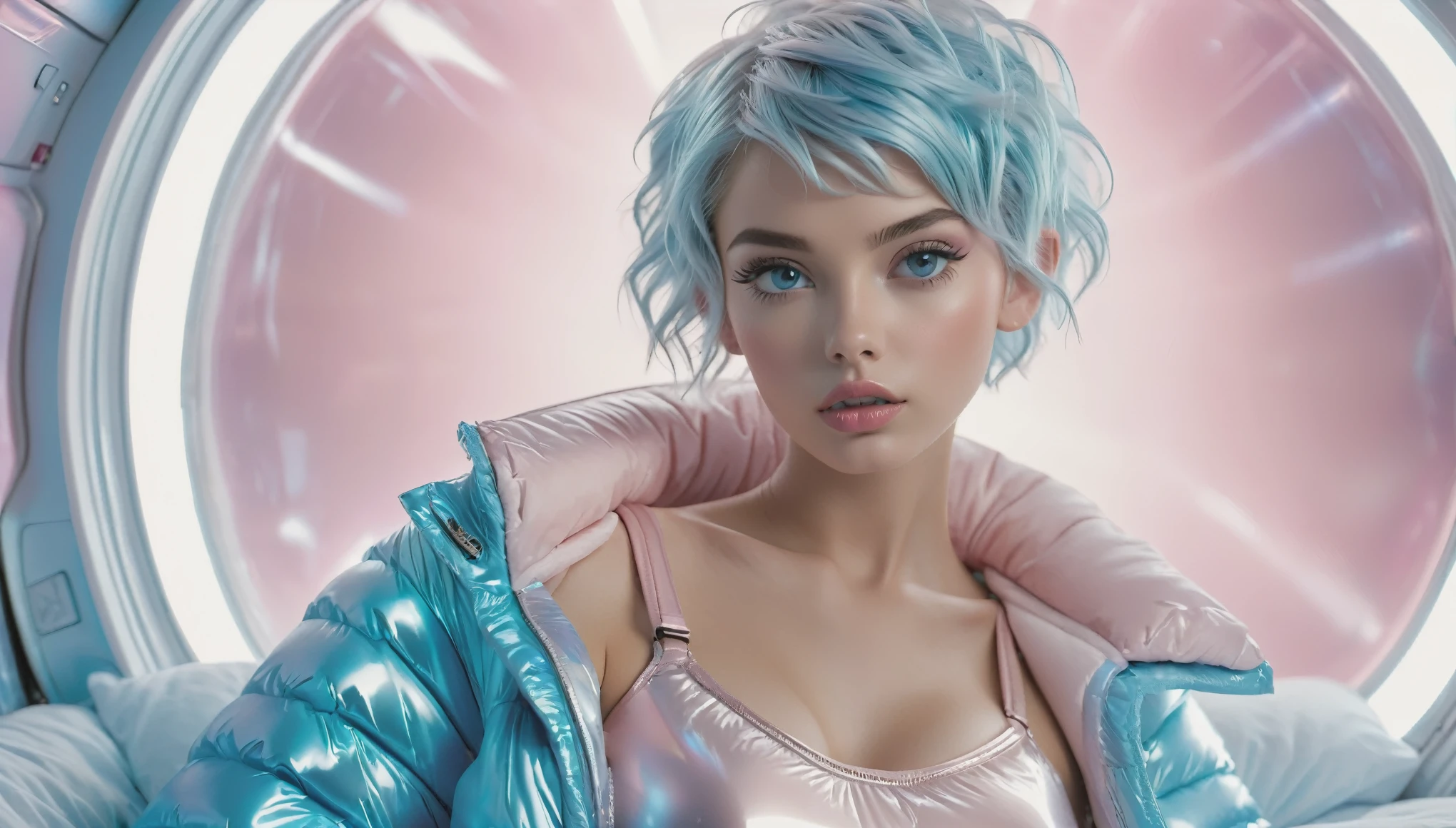 (8K, Raw photography, top-quality, ​masterpiece :1.3), (cute girl in a light pink blue open shiny puffer with short sleeves :1.3), (small perky breasts, extremely detailed face, beautiful detailed eyes, beautiful detailed lips :1.3), (posing anxiously on the bed in a spaceship :1.3) (pixie side shaved hair :1.3), (small perky breasts :1.3)