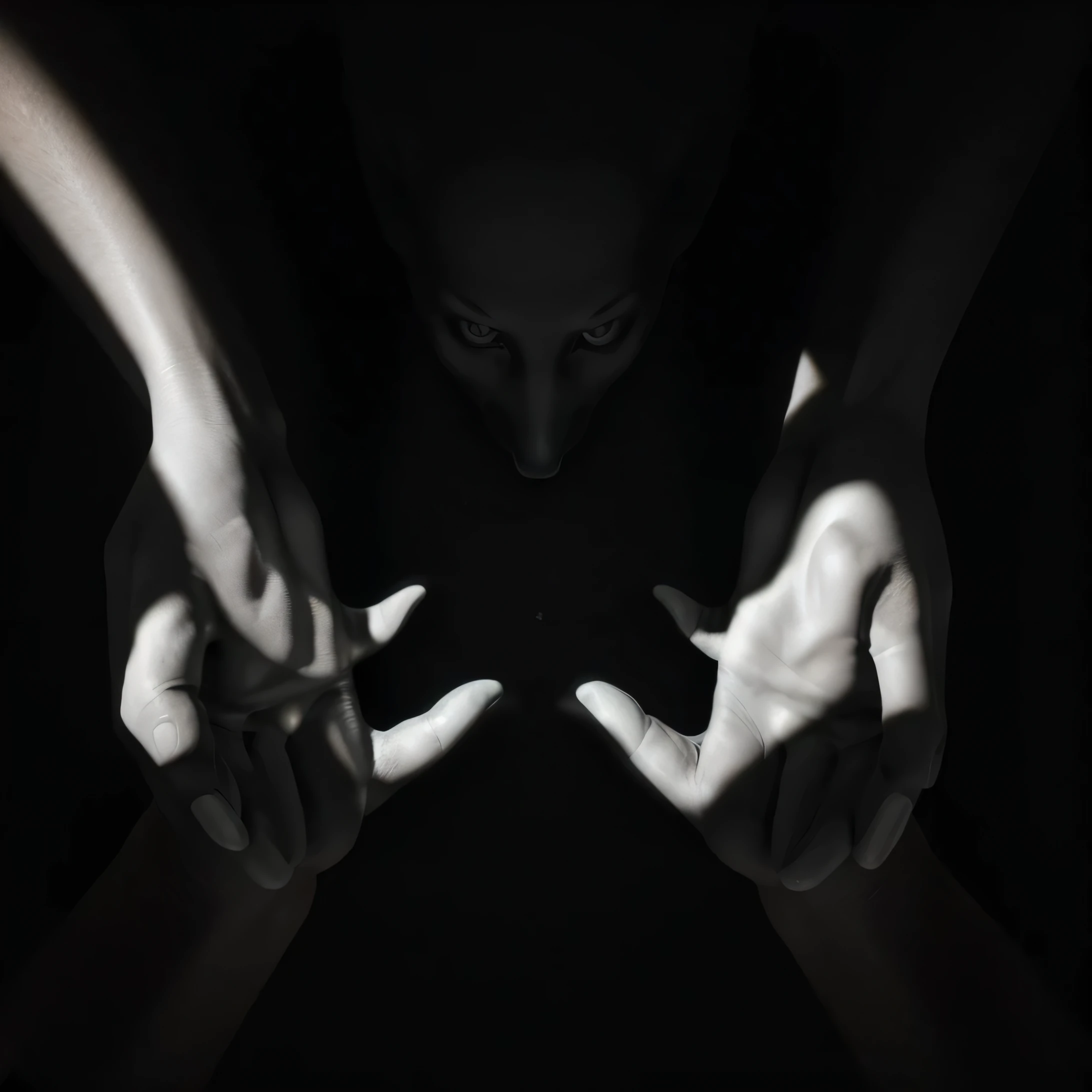 (highres:1.2),silhouette,detailed shape,light and shadow contrast,subtle fingers' movement,artistic interpretation,black and white,hands forming various animal shapes,mysterious atmosphere,creative play of light,hidden faces in shadows