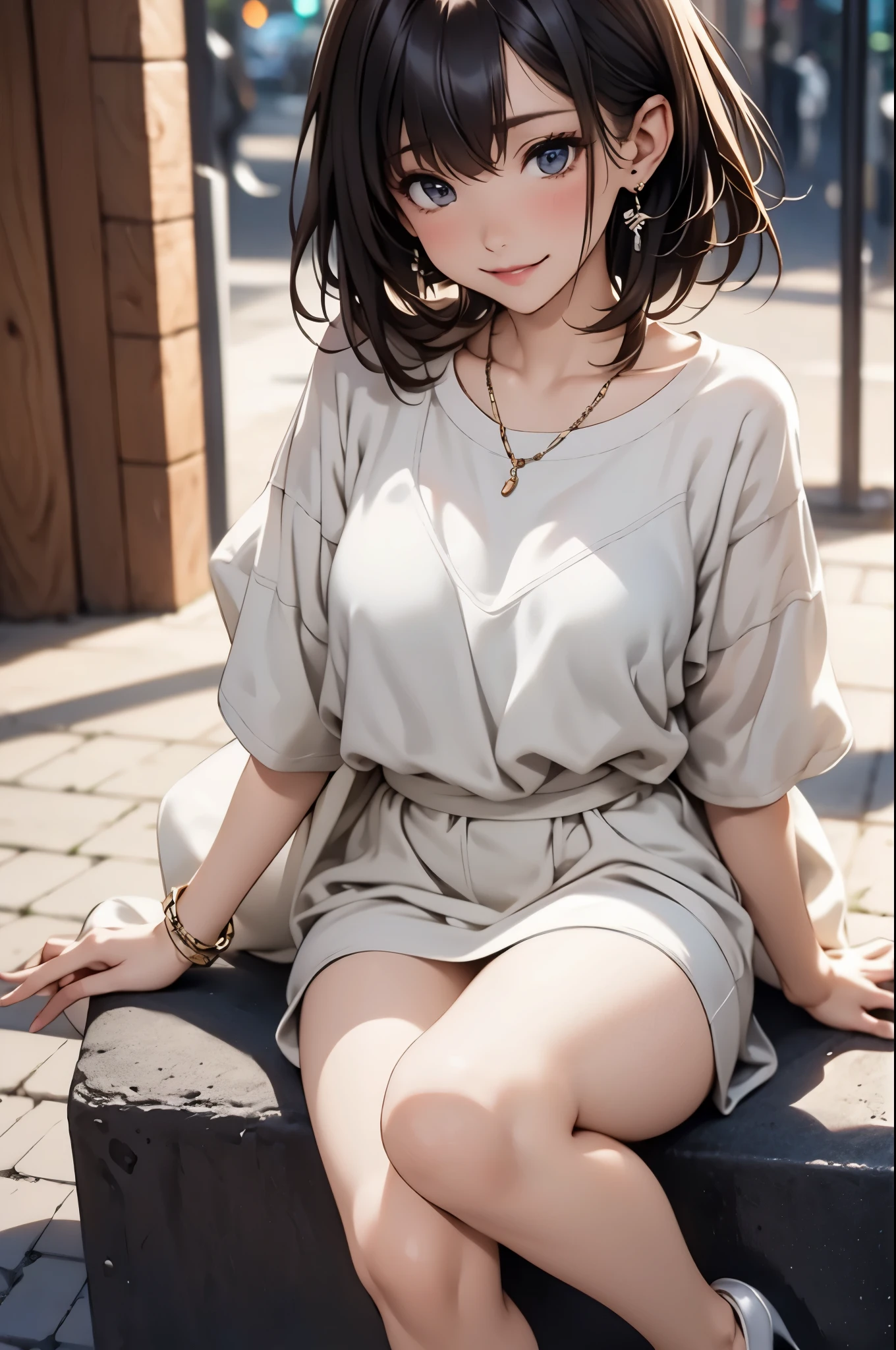 ((Biologically correct number of limbs))、(( Full body photo including face))、4K、Masterpiece、((focus on the face))、((Symmetrical facial features))、Eyes with detailed description、Beautiful woman、Outstanding style、Beautiful arms、Beautiful legs、Beautiful Hands、(slender)、Detailed depiction of faces、Small earrings、necklace、(White glossy uniform、shiny skirt、High heels、Glowing Skin)smile、(Beautiful legsのアップ)、Sweat