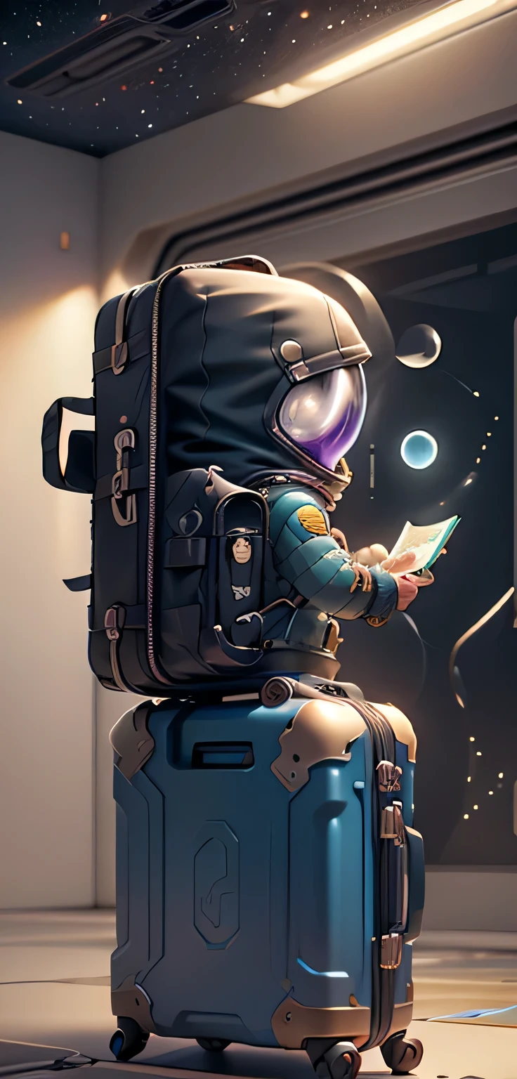 (masterpiece、best quality、best quality、official art、A little boy traveling in space,Map cards floating around,Suitcases floating in the air, Interactive software rendering, Software promotional image, Propaganda Art, 3 d icon for , Futuristic NFT Card Game, Mysterio,Epic lost in space, mobile game art,