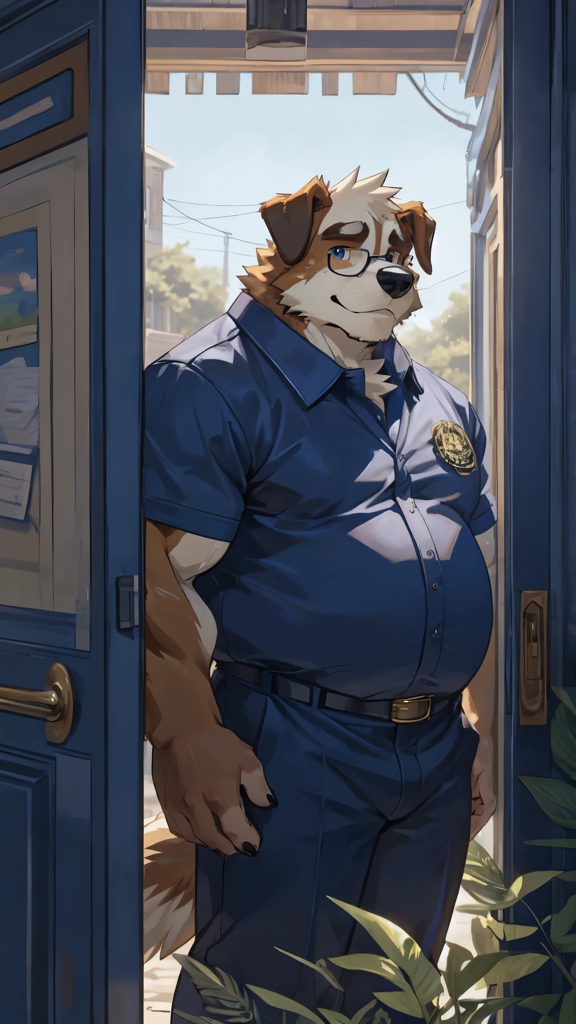Dogs are fluffy，personal，middle aged，St. Bernard，adult，big，strong，Slightly fat，muscle，teacher，outdoor，Sweat，Wet short sleeves，stand at the door，Smile，Anime style，Blue Theme，Green Plants，Looking at you，Glasses(black frame，Gold Texture)，Body(0.5)