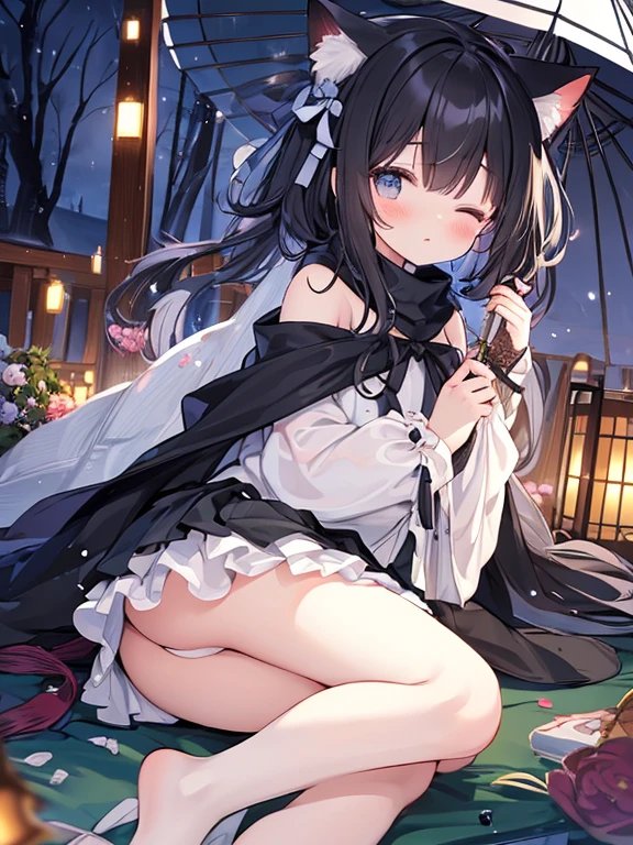 (best quality,8k,masterpiece,masterpiece:1.2),full body portrAit。(颗粒状shining眼睛,Bright shining eyes,intricate irises,Delicate lashes,Detailed eyeliner strokes:1.2)。pajamas(elegant,shining,shawl:1.1),(Double tail,一半black和一半紫色的Extra long hair,Dual-color hair color, Parted in the middle,Extra long hair:1.1),(charming,Shy,gender,young,astringent:1.2)这 astringent tA。Fox ears and short tail。Cool miniskirt,Leg ring,scarf,bow tie,Lace,Showing a small part of the shoulders,from the side,。Lolilear eyes,Ultra Detailed,Watercolor style,fairy tale主题,Exquisite facial features,(DetAiled left eye closed,The delicate iris of the right eye:1.2)。(A cute Loli wea l(可爱的Lace:1.1)拥have美丽精致的眼睛和甜美的微笑,(colorful)Playfully peeking under skirts,(Comfortable and well-lit ),Comfort(Soft natural light),It creates a warm and inviting atmosphere。强调萝莉的astringent。Add a touch of sexiness to the scene。(bedroom)具have(Girly and elegant)aesthetics,have(muted pastels)and exquisite decoration。(side view)Angle allows us to appreciate Loli'Cutd innocent expression's face,还have她在床上的可爱姿势, fairy tale,Movie Light,Fighting Spirit Awakening Series Skin Color。(rain,阴沉s face,Gloomy sky,Street Lights,dark clouds,night,umbrella,garden,lake,阴dark,下rain:1.2)。(脸上have阴影,a somber look,forest,firefly,summer night,evening breeze,dark,油纸umbrella,black,大rain,比较dark光影: 1.2)
