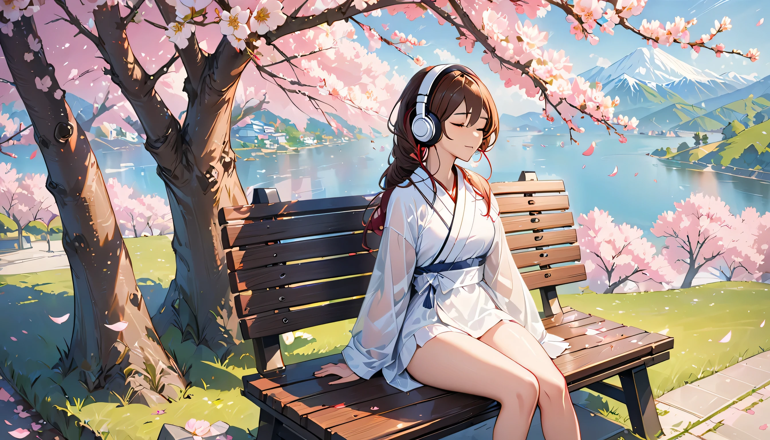 ((best quality)), ((masterpiece)), (detailed), perfect face, sitting under the cherry blossom tree, listening to music, One woman, wearing headphones, eyes closed, wearing underwear, underwear is transparent, sitting on a bench
