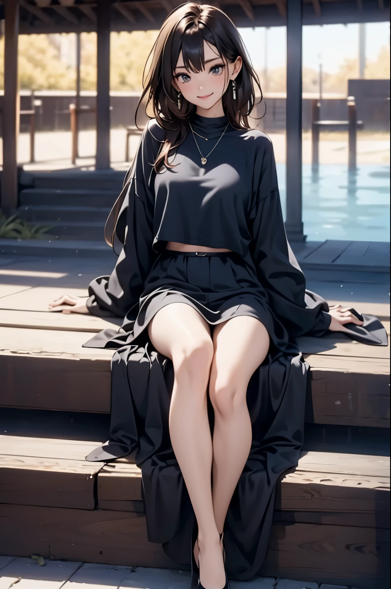 ((Biologically correct number of limbs))、(( Full body photo including face))、4K、Masterpiece、((focus on the face))、((Symmetrical facial features))、Eyes with detailed description、Beautiful woman、Outstanding style、Beautiful arms、Beautiful legs、Beautiful Hands、(slender)、Detailed depiction of faces、Small earrings、necklace、(shiny uniform、shiny skirt、High heels、Glowing Skin)smile、(Beautiful legsのアップ)、Sweat