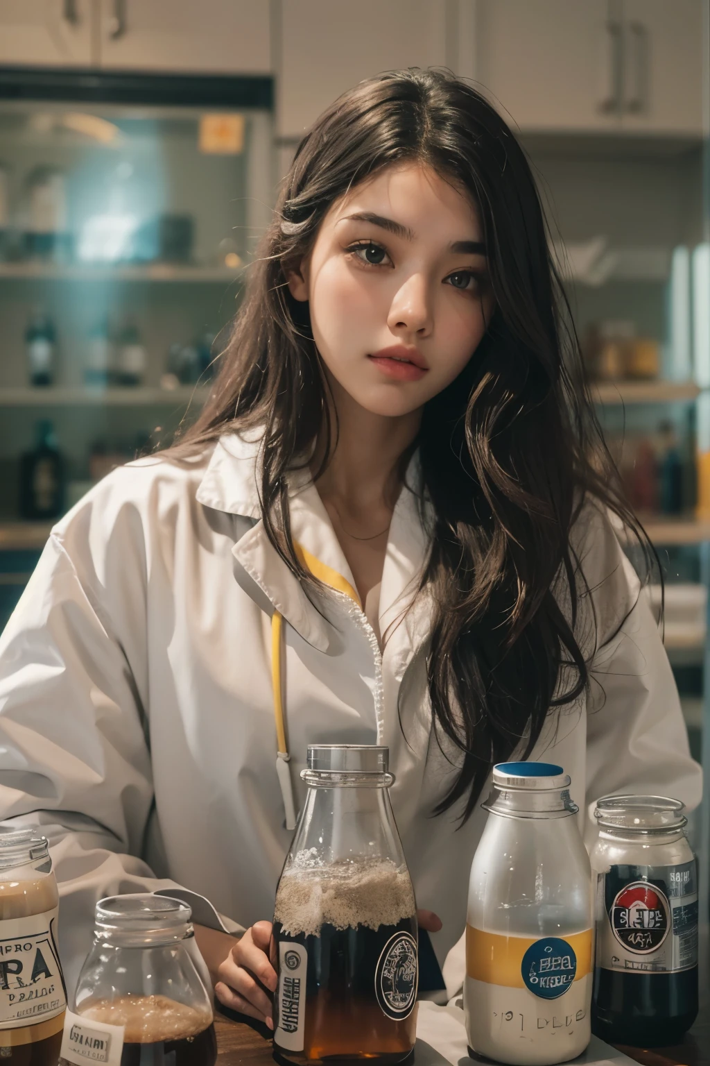 Araped woman wearing white lab coat, Cerveza Soft Devil Queen Madison, Violet Myers, No makeup, wavy hair, Madison Beer, without makeup, Portrait of Madison's Beer Girl, Profile picture, Use Instagram Filters, Subtle soft and dim light, laboratory, flask. chemicals, perfect face, julia sardinian