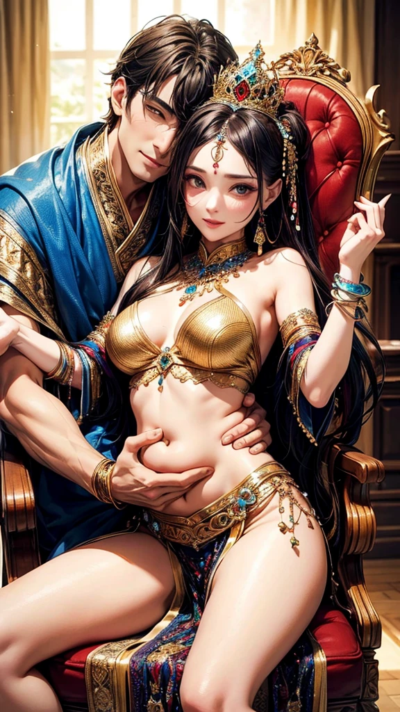 highest quality、4K quality、Man Sitting On A Chair、Woman in belly dance costume riding on man、a man puts his hand inside a woman's clothean hugs woman、Sex