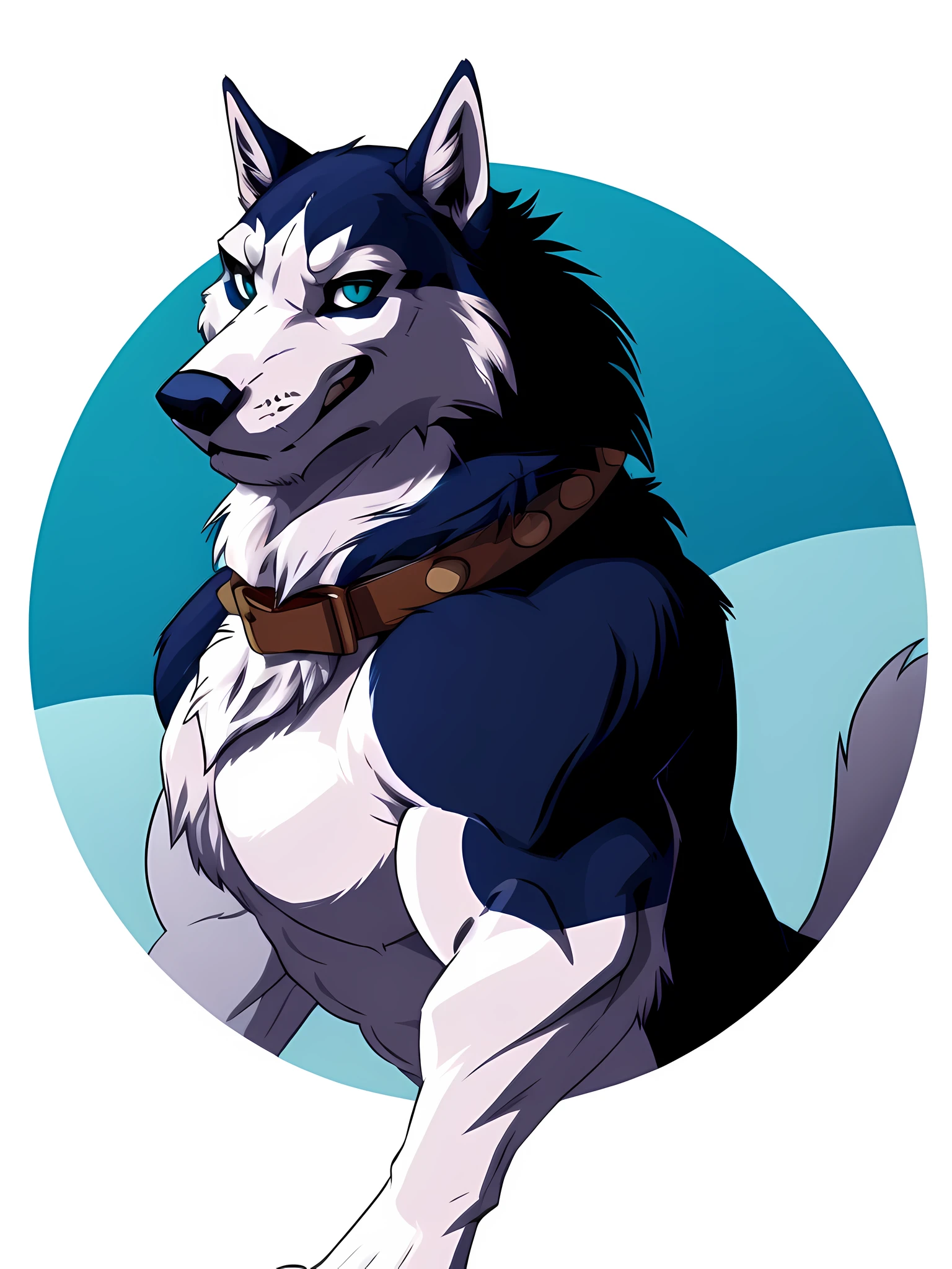 alaskan malamute, masculine, male, feral alaskan malamute, quadruped, feral, very muscular:2.0, heavyweight, very defined muscles:1.5, pectorals:2.0, abs, muscular forelegs, muscular hindlegs, wide chest, muscular chest:2.0, cel shaded, negger style, taran fiddler style, blue eyes, detailed eyes, white background, proud, serious expression, full body, wolf feet, big collar, detailed collar