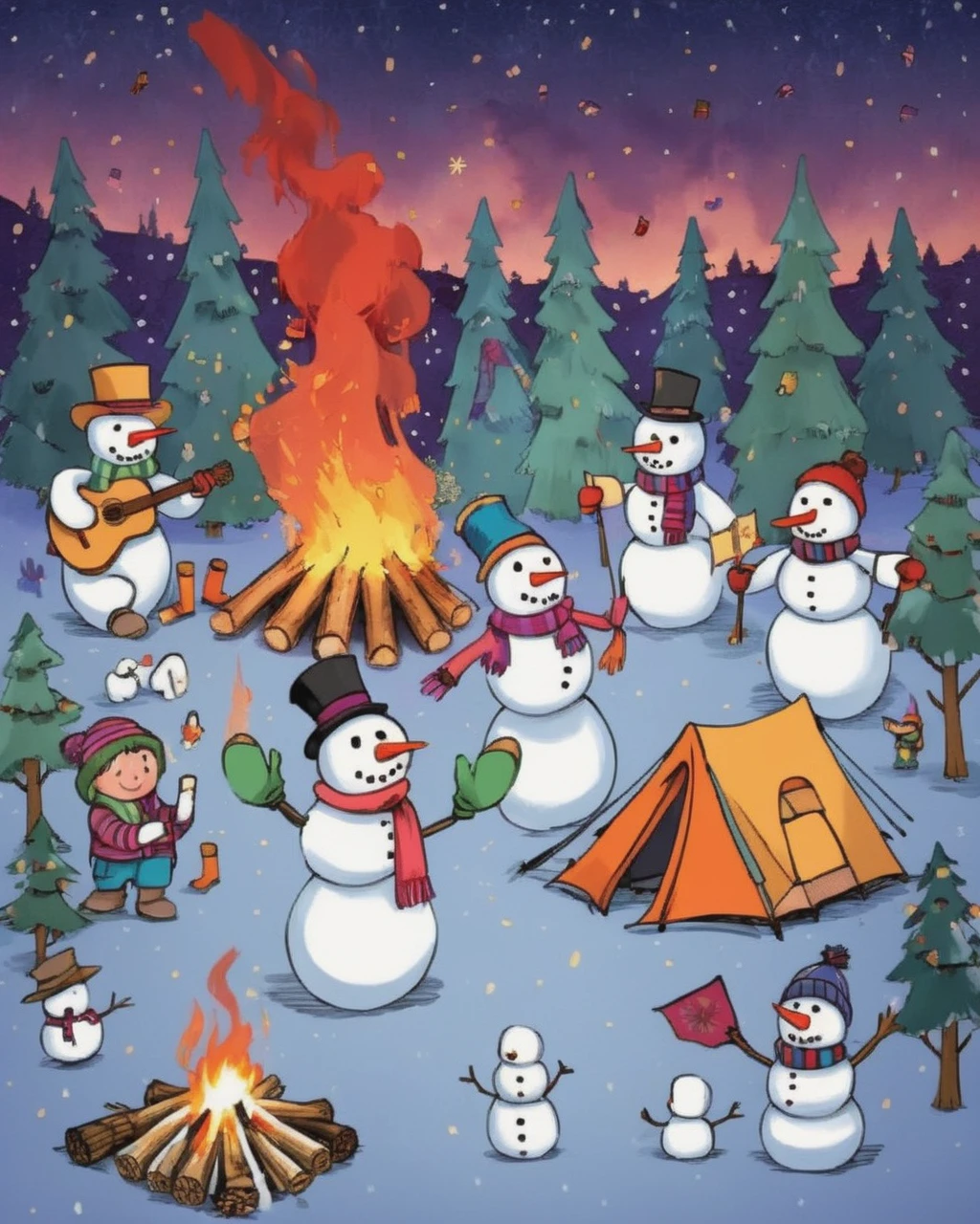 A vibrantly animated scene,A campsite under a starry night sky,In the middle of the site,There is a blazing bonfire,There is a pile of wood nearby,(The cute snowmen dancing around the bonfire),(There is a snowman melted by fire:1.3),These snowmen are doing various camping activities,Some were chasing each other playfully.,Some sit and tell humorous stories,Some are playing tag,The whole area was illuminated by flickering fire.,Adds warmth and comfort to whimsical scenes