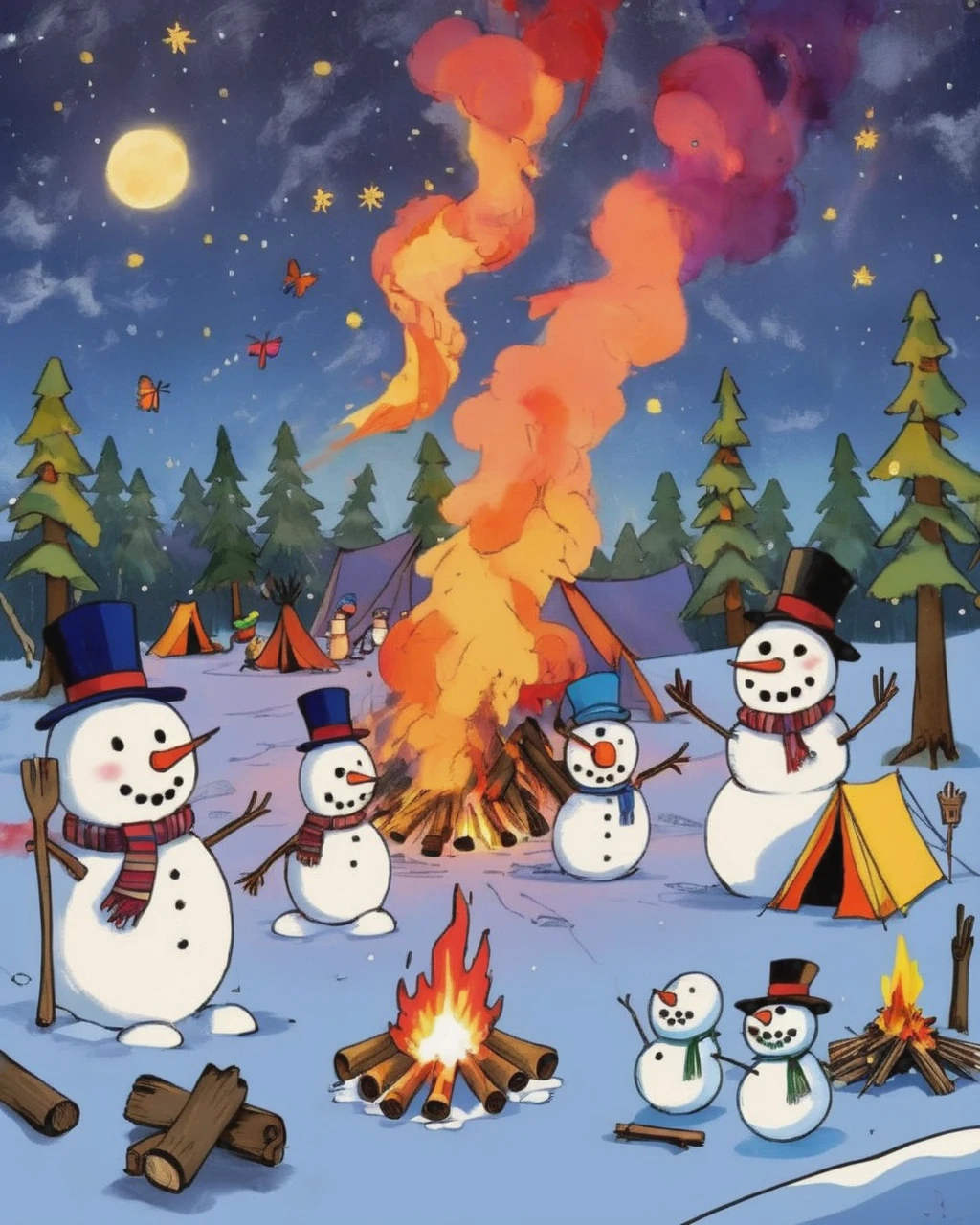 A vibrantly animated scene,A campsite under a starry night sky,In the middle of the site,There is a blazing bonfire,There is a pile of wood nearby,(The cute snowmen dancing around the bonfire),(There is a snowman melted by fire:1.3),These snowmen are doing various camping activities,Some were chasing each other playfully.,Some sit and tell humorous stories,Some are playing tag,The whole area was illuminated by flickering fire.,Adds warmth and comfort to whimsical scenes