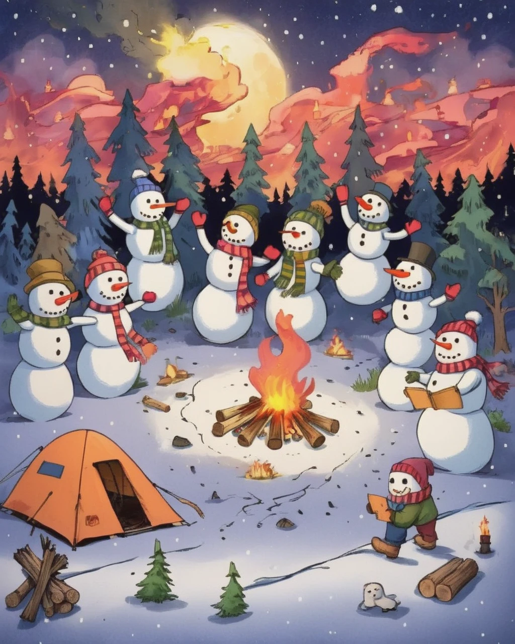 A vibrantly animated scene,A campsite under a starry night sky,In the middle of the site,There is a blazing bonfire,There is a pile of wood nearby,(The cute snowmen dancing around the bonfire),(There is a snowman melted by fire:1.3),These snowmen are doing various camping activities,Some were chasing each other playfully.,Some sit and tell humorous stories,Some are playing tag,The whole area was illuminated by flickering fire.,Adds warmth and comfort to whimsical scenes