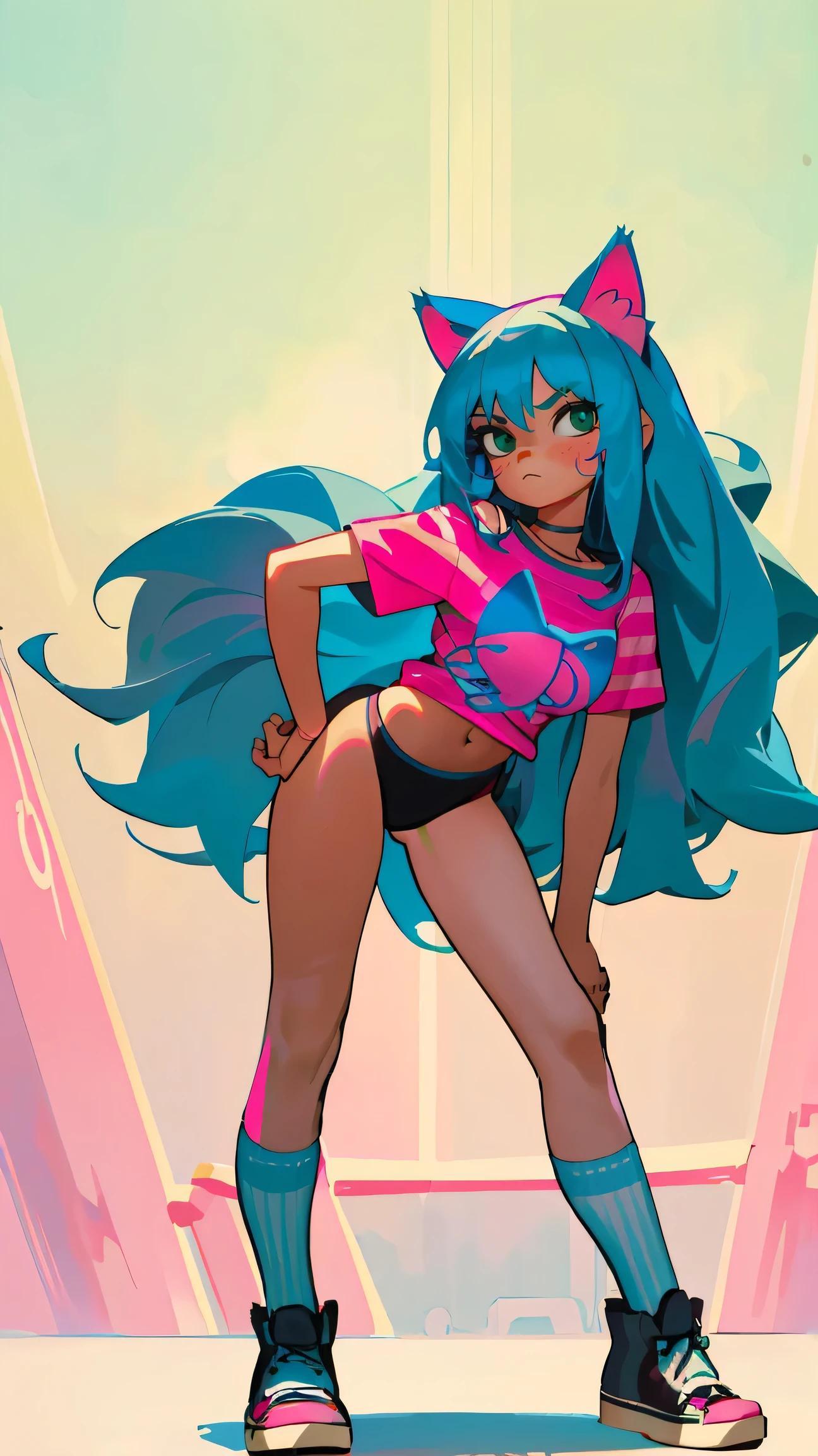 Masterpiece, best quality, high resolution, 1 woman, Long blue hair with pink stripes, smooth, green eyes, Bored face , cat ears , pink t-shirt , black bikini , abdomen, big breasts , Long legs , stand on your hips , canvas shoes , convenience store