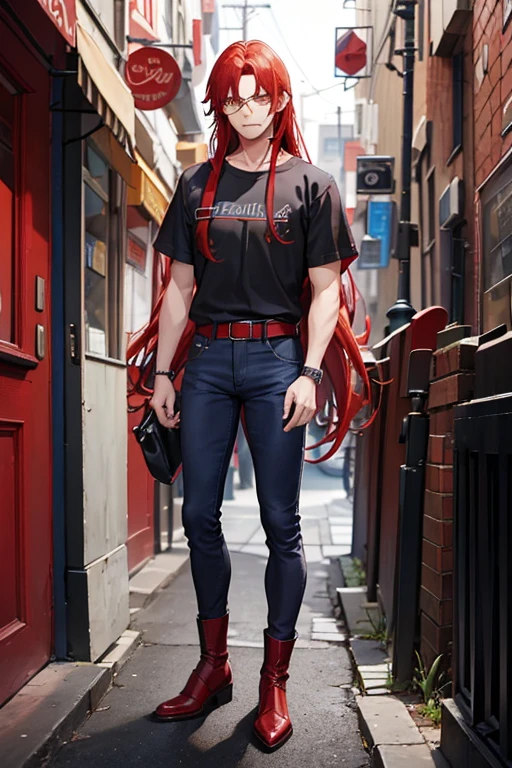 man with long red hair, yellow eyes, wearing glasses, dark brown shirt, gray short sleeve jacket, blue jeans pants, red boots, red belt, annoyed expression
