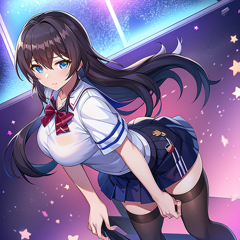 ruan mei(honkai star rail), cute,1girl, black hair,blue eyes,school teacher,breasts, heart,thighs,white shirt,skirt,black tights,1boy,doggystyle sex,