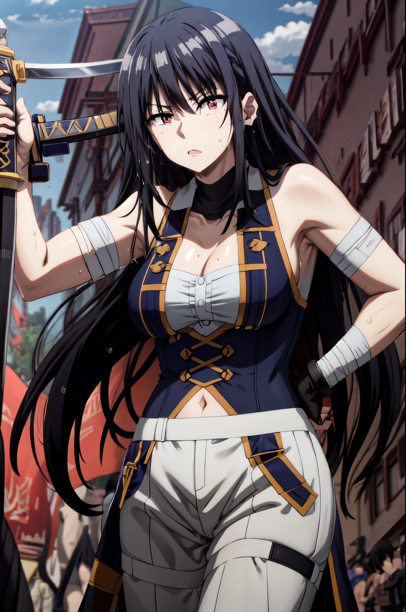 masterpiece, best quality, highres, fairy tail, ,1girl,black hair,red eyes,medium breast,narrow waist, white ribbon, hair over one eye,red eyes, large breasts, collarbone, chest sarashi, bandage, bare arms, midriff, red hakama, red pants, standing, holding weapon, sword, katana, outdoors, muscular female, sweating, wet, steaming body,
