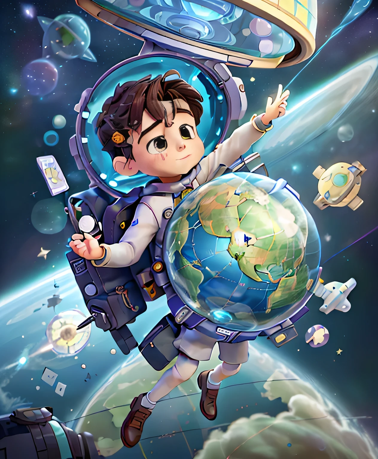 (masterpiece、best quality、best quality、official art、A little boy traveling in space，Map cards floating around,Suitcases floating in the air， Interactive software rendering, Software promotional image, Propaganda Art, 3 d icon for ， Futuristic NFT Card Game, Mysterio,Epic lost in space, mobile game art,