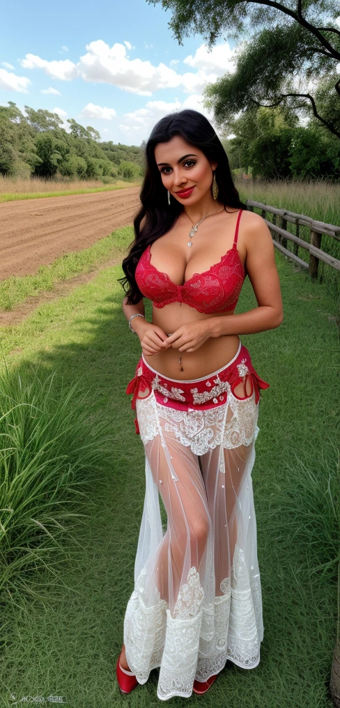 An ultra hot gorgeous bengali woman, age 23, She’s a playmate and men magazine supermodel. in shirt skirt, red hair, dark red lipstick, cleavage, ((in a beautiful flowered French castle garden)), seducing, naughty look, (beautiful eyes), best quality, realistic, masterpiece, backlight,movie scene lighting 