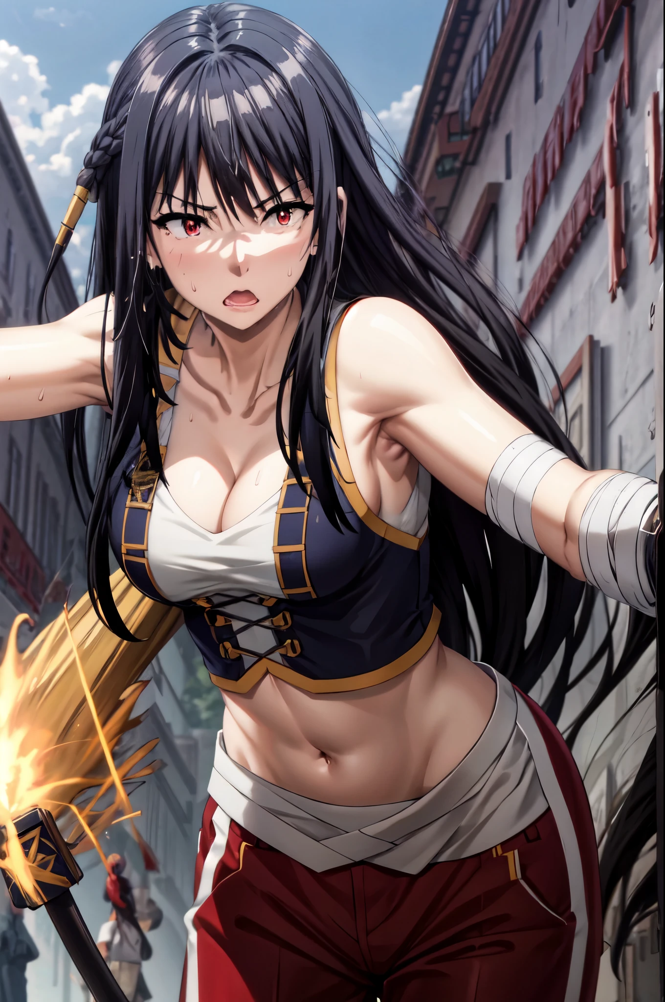 masterpiece, best quality, highres, fairy tail, ,1girl,black hair,red eyes,medium breast,narrow waist, white ribbon, hair over one eye,red eyes, large breasts, collarbone, chest sarashi, bandage, bare arms, midriff, red hakama, red pants, standing, holding weapon, sword, katana, outdoors, muscular female, sweating, wet, steaming body,
