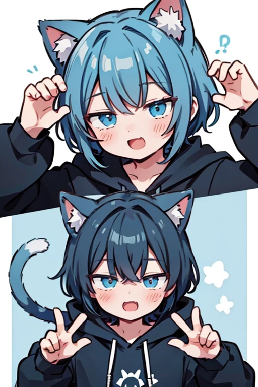 maleの子1名, male,Shota, Cat ear, Cat&#39;s Tail, Ren Amamiya,  With confidence, Dynamic pose, (masterpiece), highest quality, Expressive eyes, Perfect Face, smile, Open your mouth, Full Color, detailed, 8K, 4k, High resolution, Symmetric, Extraordinary, Best aesthetics, Black hoodie　cute　　Light blue hair　