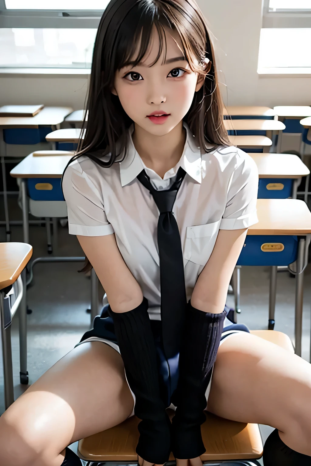 ung slender girl, black over knee high socks, open very thin legs and showing off opened vagina overflowing with cum, sitting in school classroom,