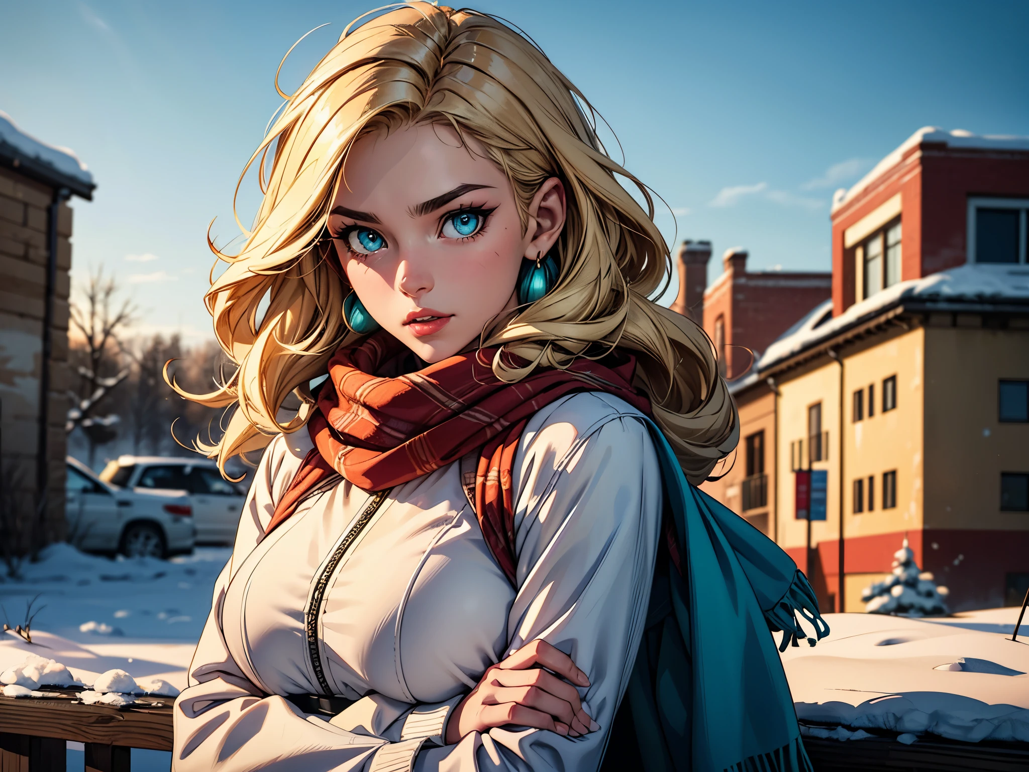 Cowboy Shot,beautiful and detailed illustration,pop art,masterpiece, best quality, ultra-detailed,soft lighting,1girl, Fuzzy earmuffs, fluffy scarf, Femme fatale, Average Height, Thin, Oval Face, Tan Skin, Blonde Hair, turquoise Eyes, [[Curved Nose]], Thick Lips, Round Chin, Long Hair, Thick Hair, Curled Bob, round breasts, Clip-on earrings, coral metallic lipstick, Writing in a journal , arms behind back , outdoors , hotify, prettyeyes, winter_landscape