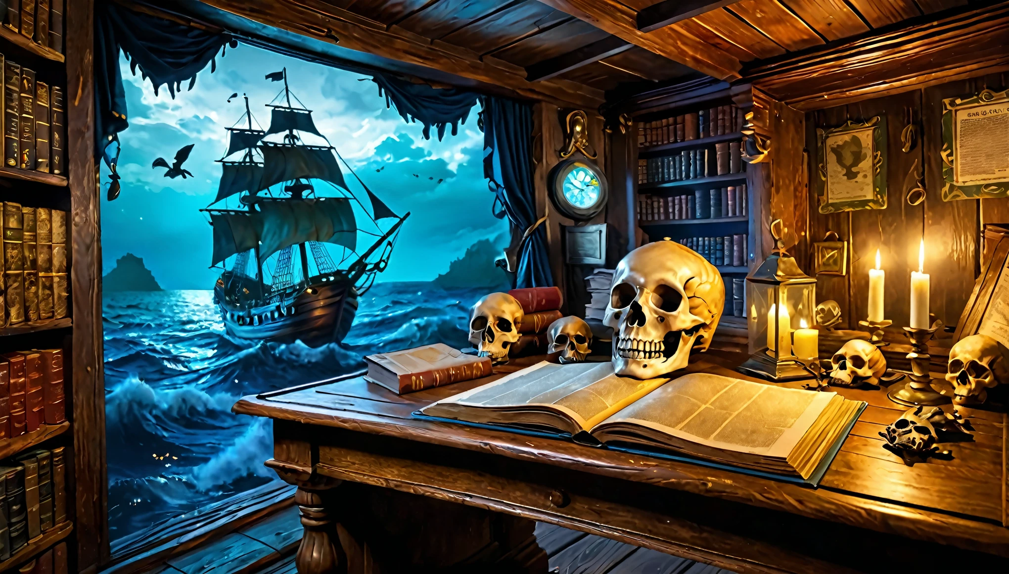 Dreamscape Amidst the shadows cast by flickering candlelight, a weathered wooden desk lays claim to its place in a seafaring ship's cabin. At its center lies a worn parchment bearing ancient maps detailing hidden treasures. The macabre duo rests beside it, whispering tales of countless voyages past and untold riches buried deep below azure waves, waiting patiently for another bold adventurer to unearth them, . Surreal, ethereal, dreamy, mysterious, fantasy, highly detailed