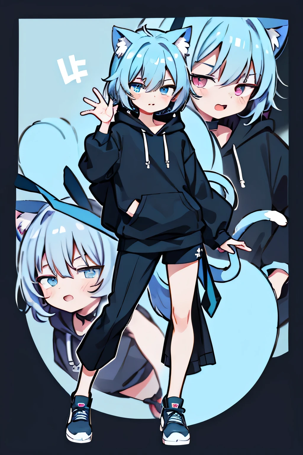 1 male , male,Shota, Cat ear, Cat&#39;s Tail, Ren Amamiya,  With confidence, Dynamic pose, (masterpiece), highest quality, Expressive eyes, Perfect Face, smile, Open your mouth, Full Color, detailed, 8K, 4k, High resolution, Symmetric, Extraordinary, Best aesthetics, Black hoodie　cute　　Light blue hair　